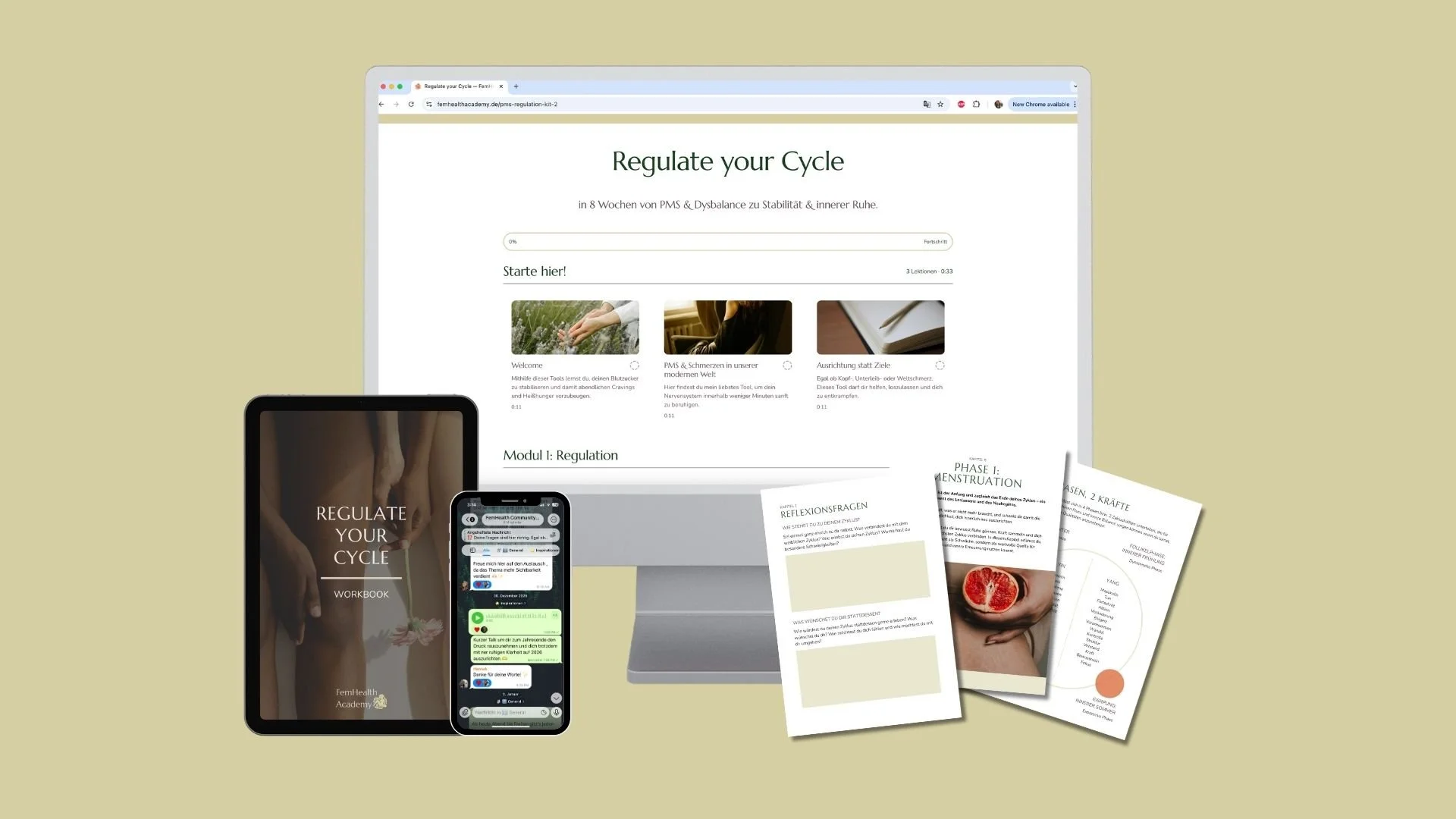 Mock-Up vom Kurs Regulate your Cycle - 8 Wochen Programm für Sicherheit, Rhythmus & Selbvertrauen