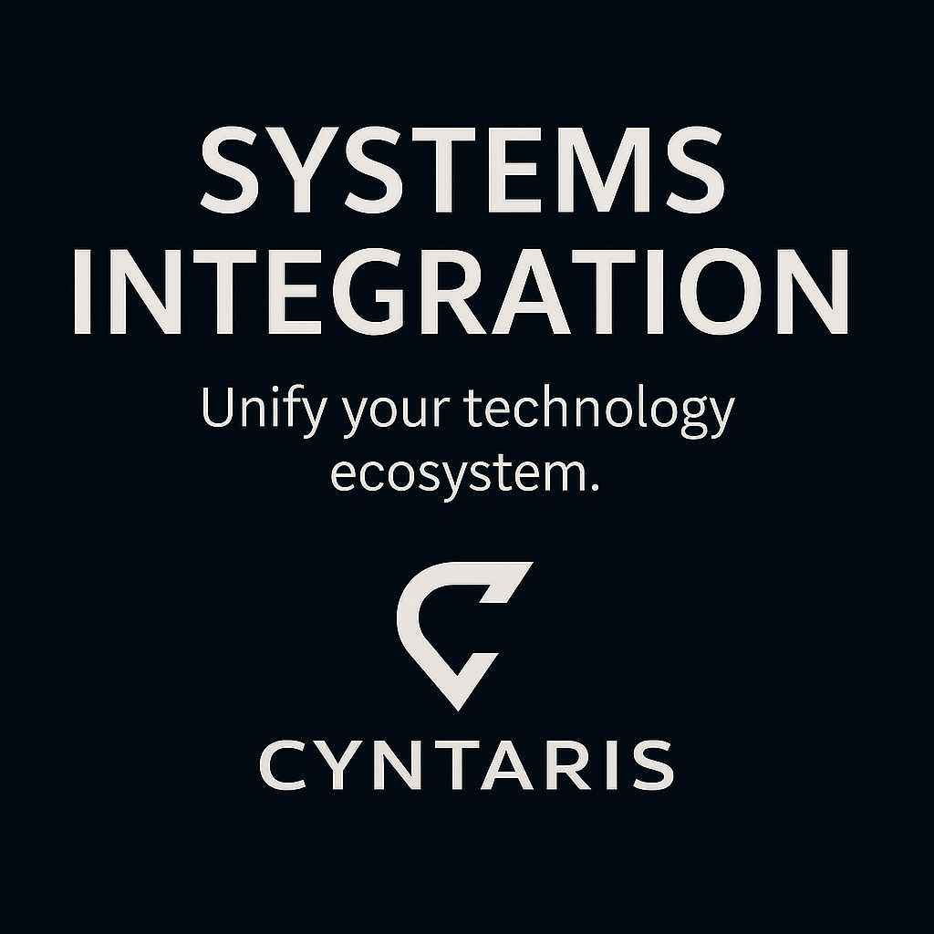 Graphic promoting systems integration by Cyntaris with a black background, large white text, and a stylized diamond-shaped logo.