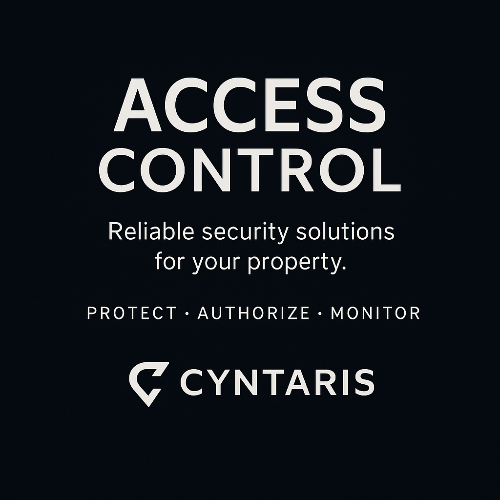 A promotional graphic for Access Control by Cyntaris, featuring white text on a dark background that promotes reliable security solutions, including protecting, authorizing, and monitoring property.