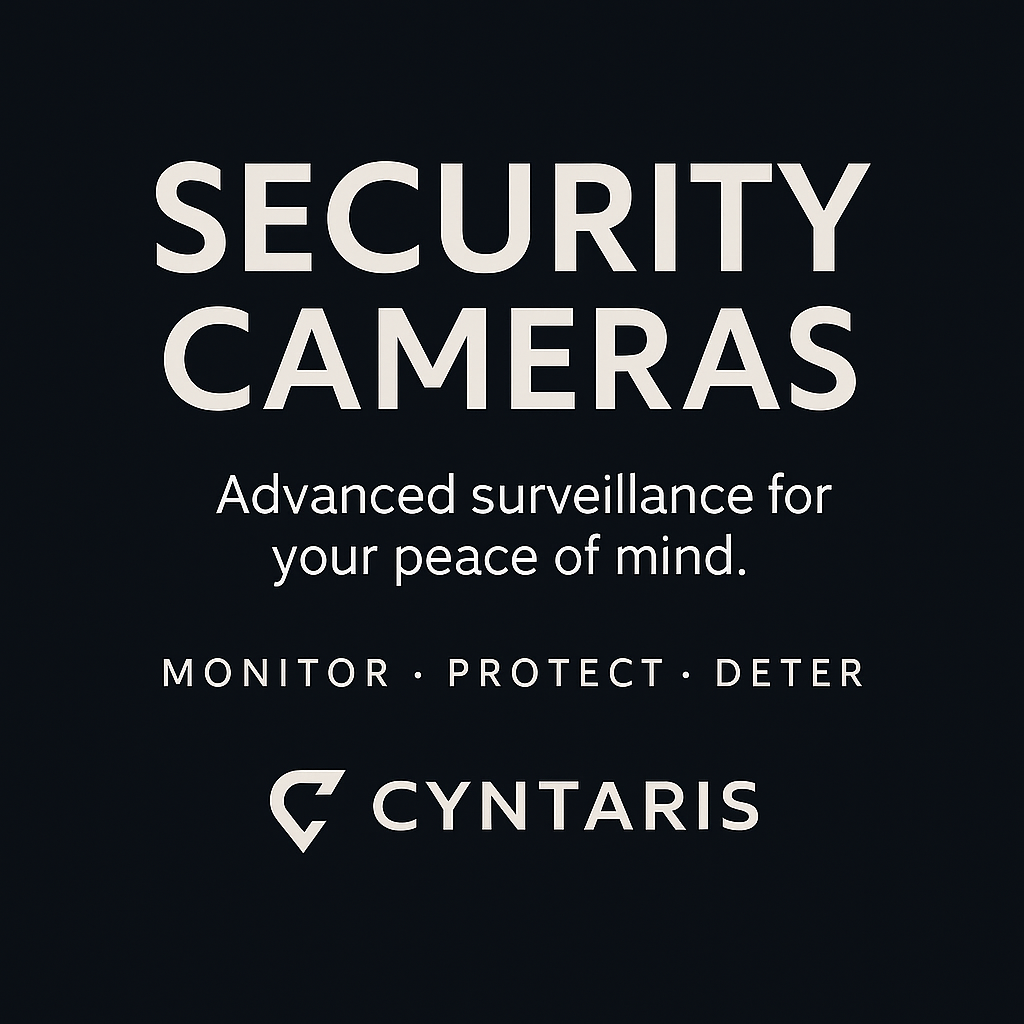 Advertisement for Cygnus security cameras with text indicating advanced surveillance for peace of mind, monitoring, protecting, and deterring.