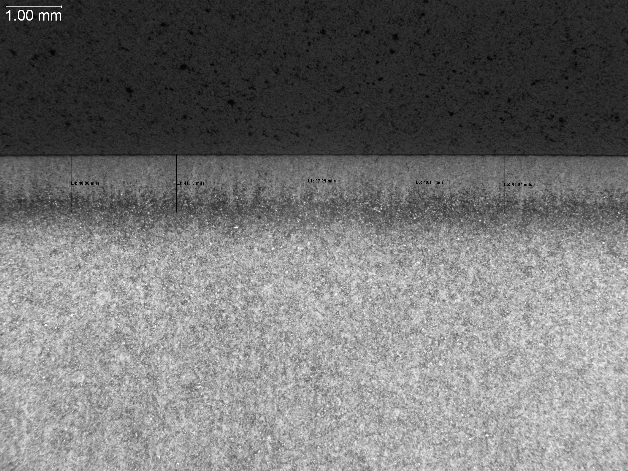 Case depth micrograph showing measurements after heat treating