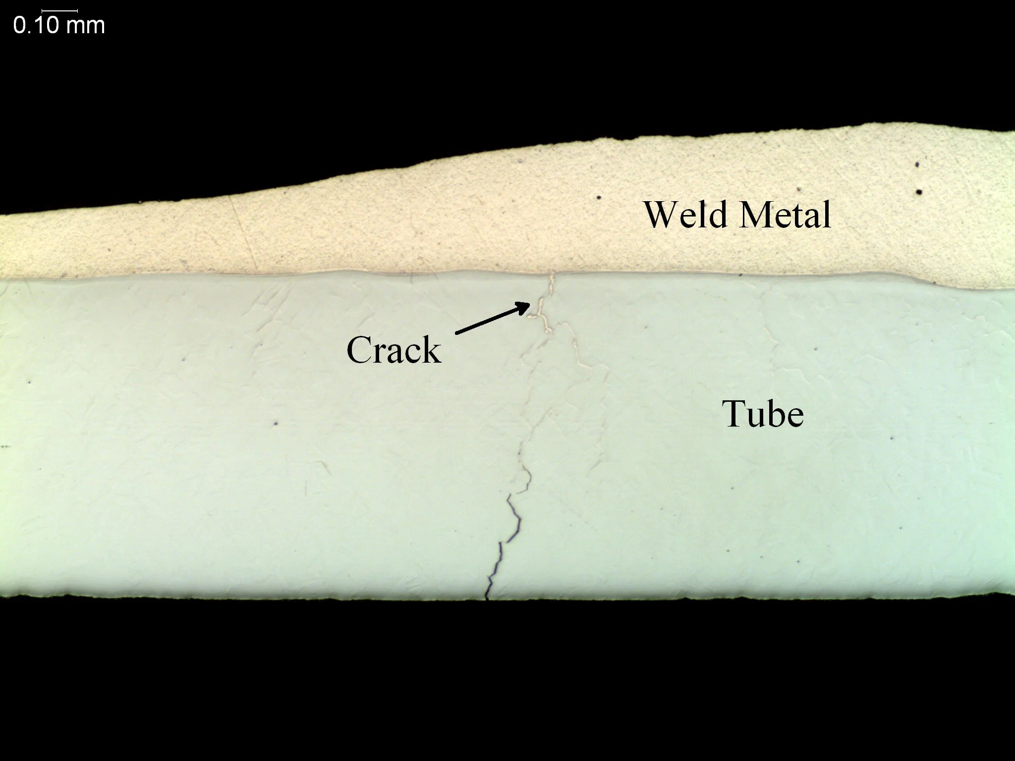 Liquid metal embrittlement (LME) in tube, metallographic cross-sectional failure evaluation identifying intergranular cracking, LME propagation, and grain boundary phase penetration at a weld-to-tube interface profile per ASTM E3 under ISO 17025 accr