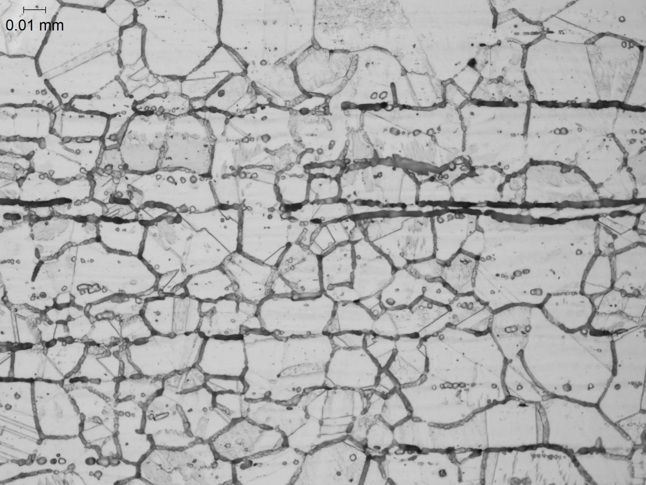 Sensitized Austenitic Stainless Steel, microstructural analysis mapping carbide precipitation at grain boundaries evaluated per ASTM A262 under ISO 17025 accredited laboratory standards.