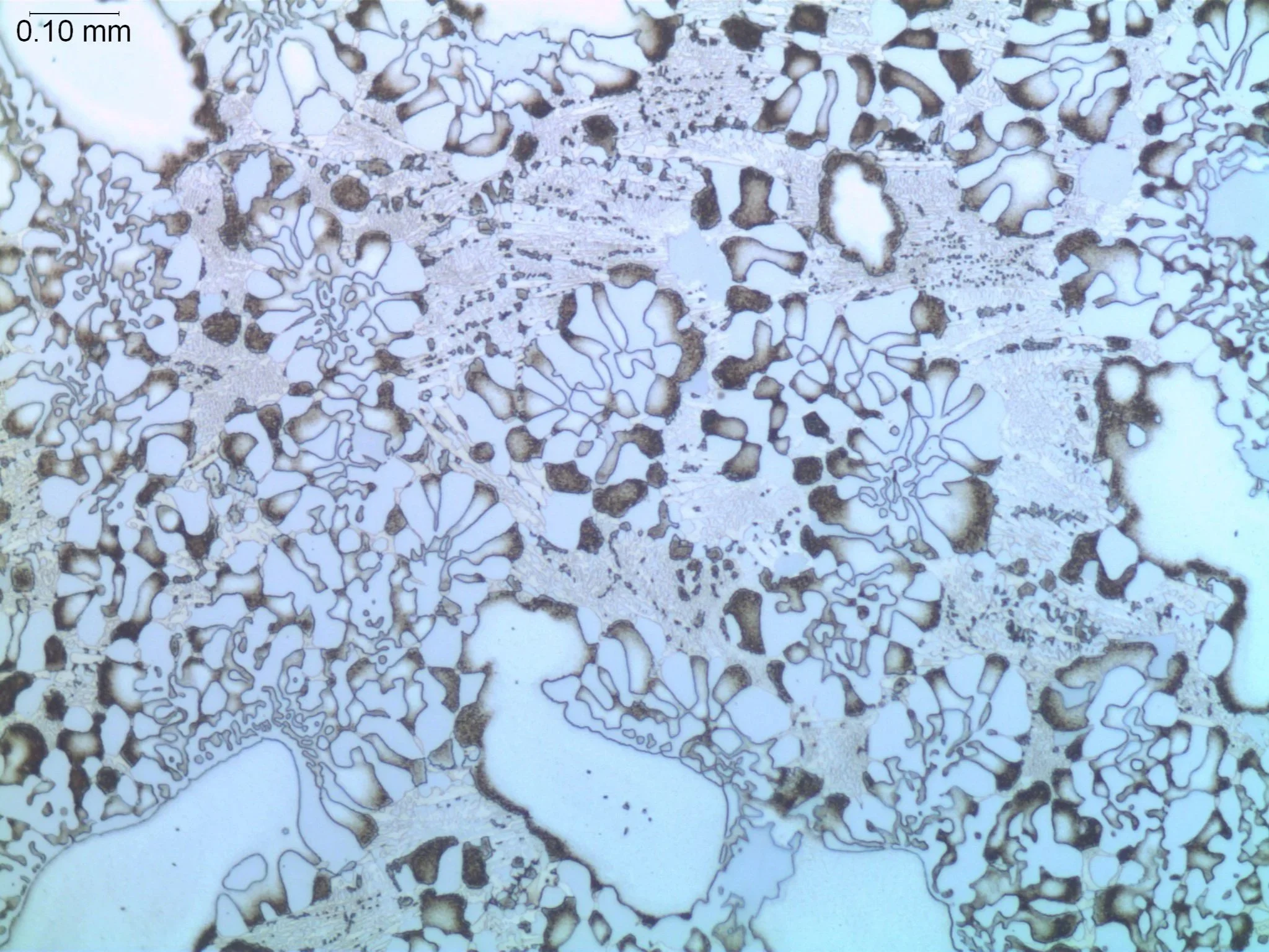 Nickel Braze Alloy, 100X, microstructural examination evaluating braze joint diffusion zone, joint clearance, and fillet integrity per AWS A5.8 and AWS C3.8M standards under ISO 17025 accreditation.