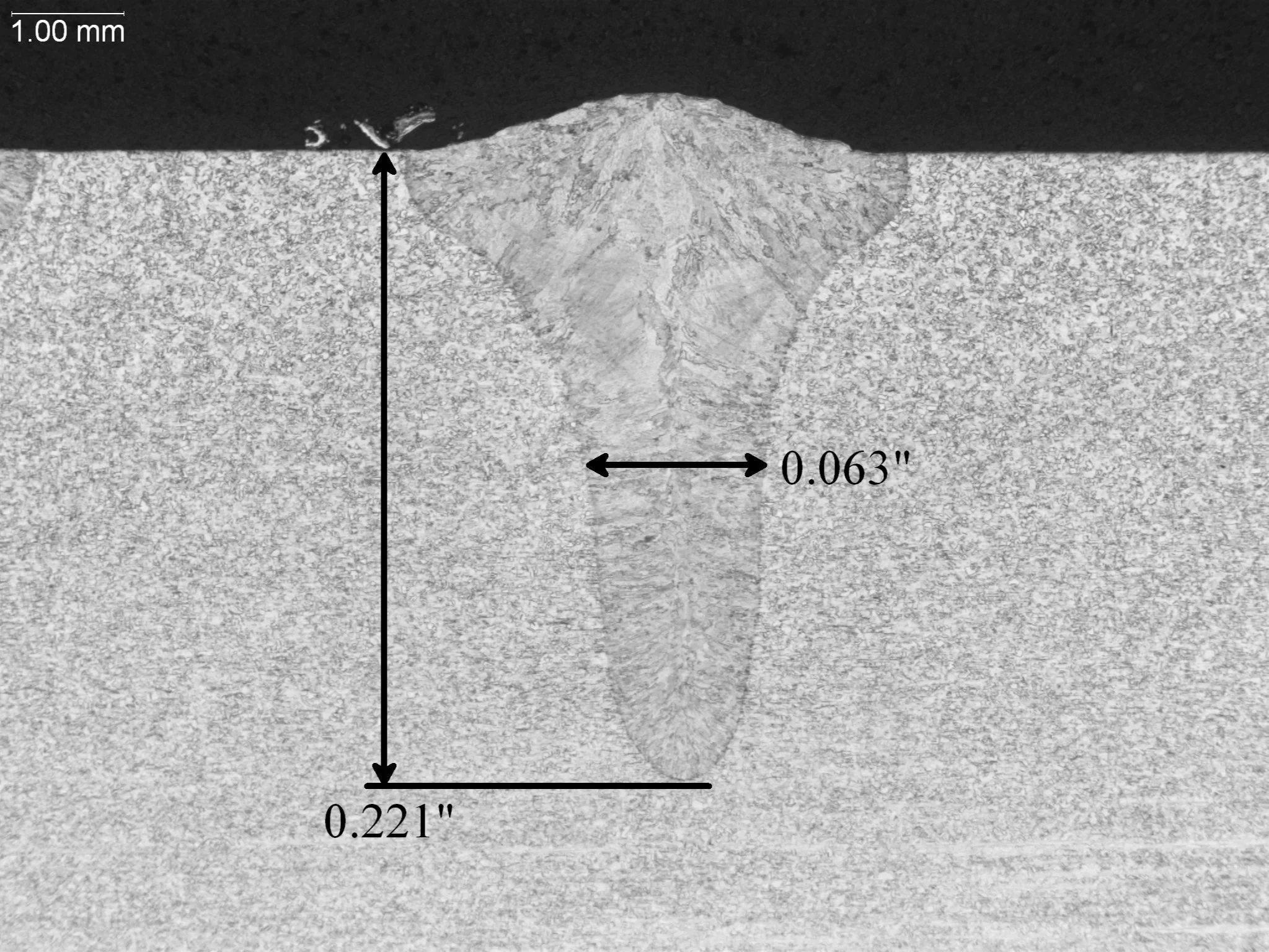 Electron Beam Weld, 12.5X, macro-etch cross-sectional weld profile measurement showing deep penetration nailhead morphology, joint width calibration, and heat-affected zone (HAZ) boundary layout per AWS D17.1 and ASTM E340 under ISO 17025 accredited 