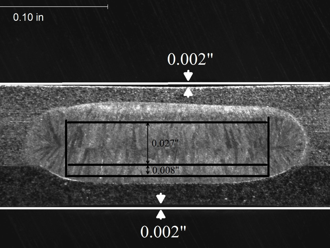 Resistance weld with nickel alloy sheet materials, macro-etch cross-sectional evaluation identifying weld nugget penetration, columnar dendritic solidification morphology, and a 0.002-inch surface indentation profile per AWS D17.2 and ASTM E340 under