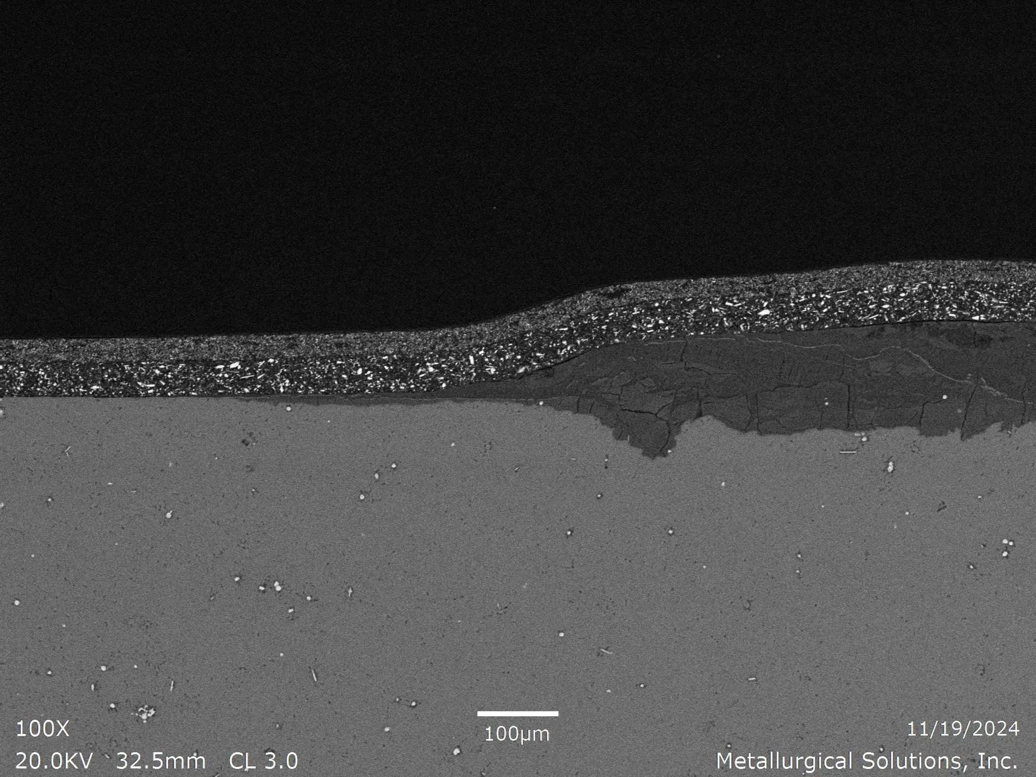 Filiform corrosion 100xb, scanning electron microscope SEM cross-sectional evaluation identifying filiform corrosion propagation, an underfilm anodic dissolution track with mud-crack fissuring, and a protective coating interface per ASTM G85 and ASTM