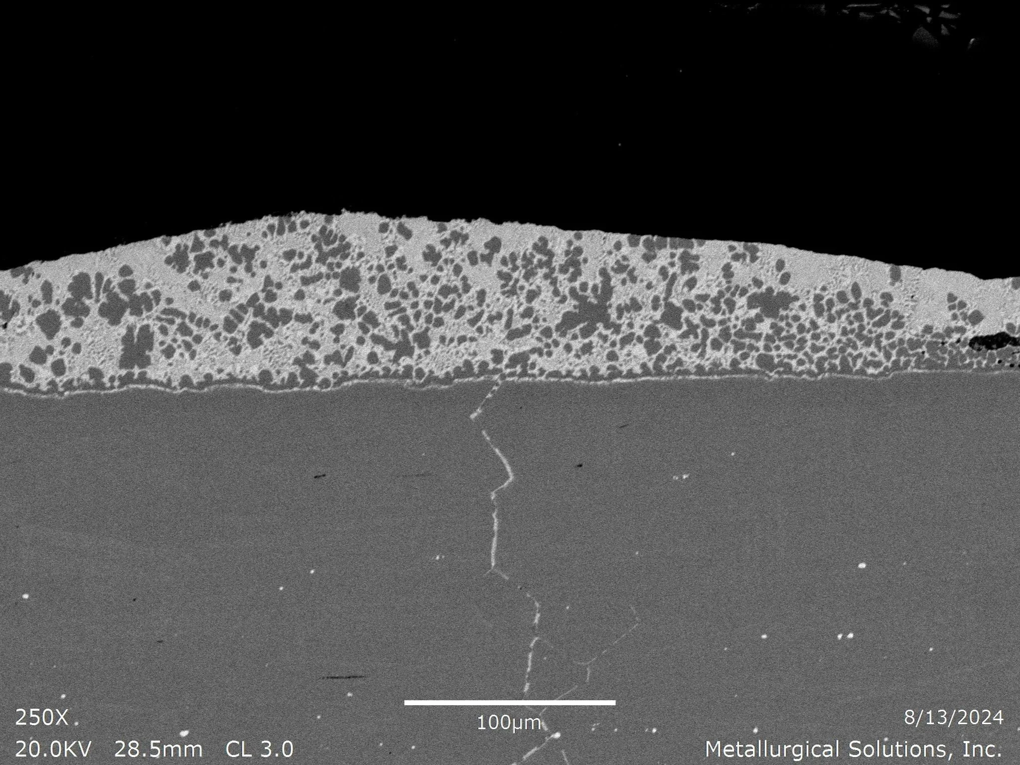Liquid metal embrittlement (LME) crack initiation 250x, scanning electron microscope SEM evaluation identifying intergranular micro-cracking, multi-phase overlay matrix structure, and molten metal grain boundary penetration paths per ASTM E3 under IS