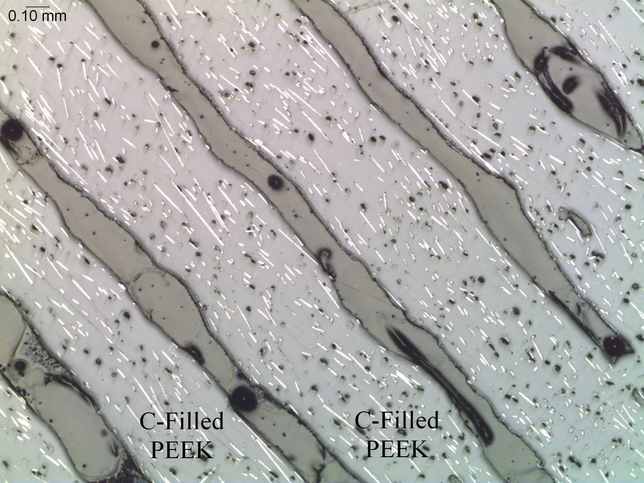 Inter-laminar delamination in a carbon-fiber-reinforced composite matrix, microstructural cross-sectional evaluation identifying polymer interface voiding, carbon-filled PEEK layer distribution, and structural layer separations per ASTM E2015 and AST