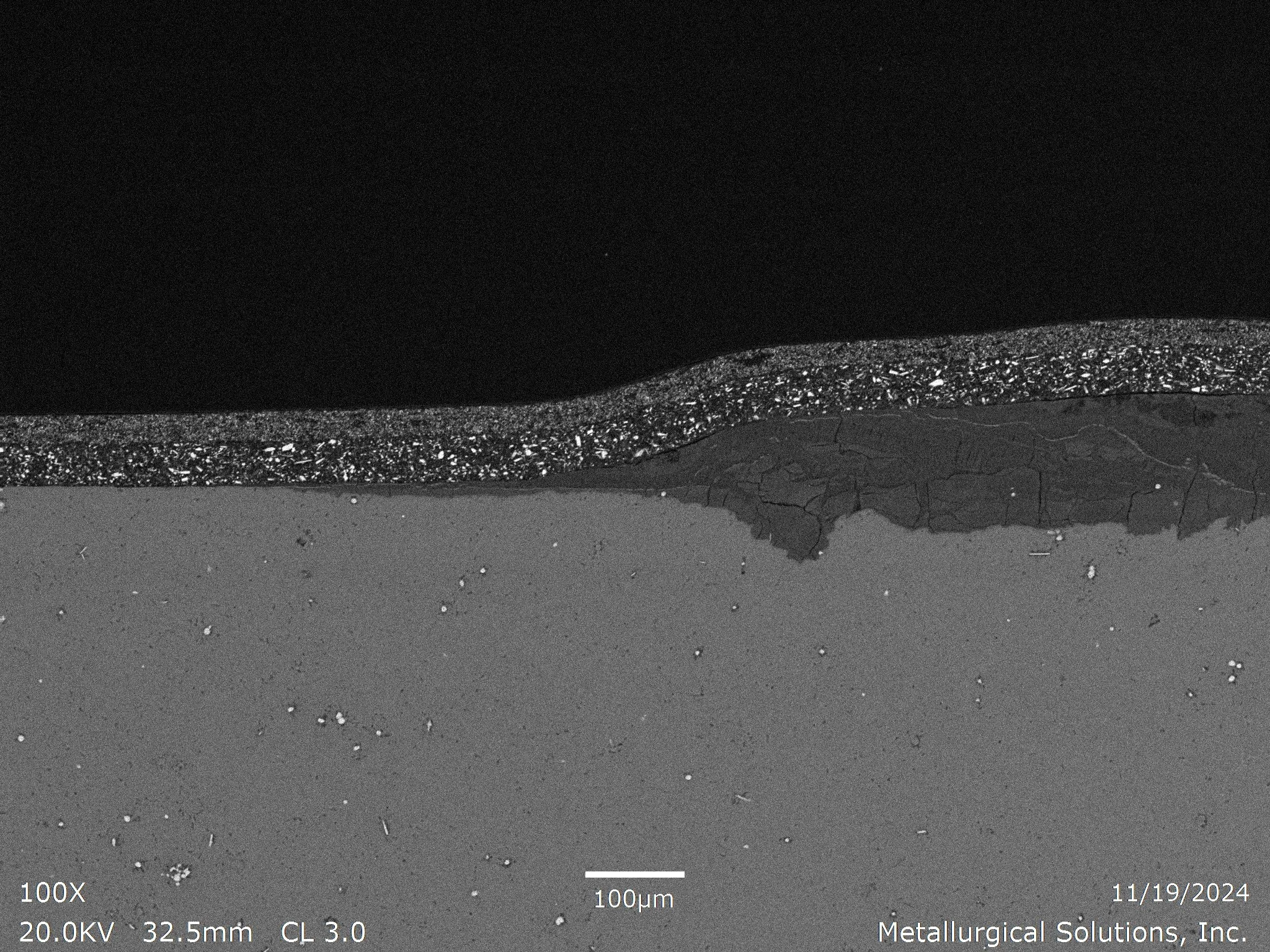 Filiform corrosion 100xb, scanning electron microscope SEM cross-sectional evaluation identifying filiform corrosion propagation, an underfilm anodic dissolution track with mud-crack fissuring, and a protective coating interface per ASTM G85 and ASTM