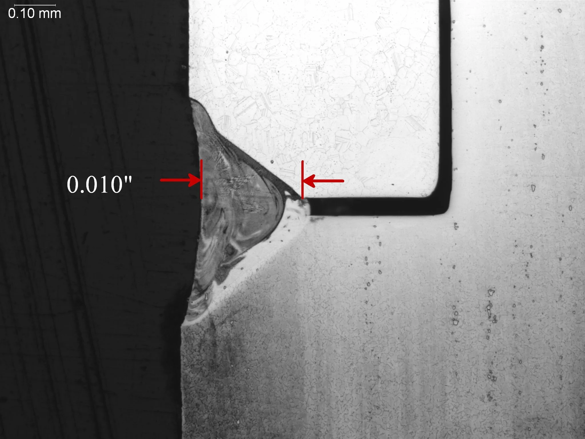 Laser beam weld 100x, metallographic cross-sectional evaluation identifying a 0.010-inch weld underfill profile, joint face concavity, and rapid solidification fusion zone boundary lines per AWS D17.1 and ASTM E3 under ISO 17025 accredited laboratory