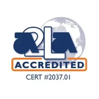 Logo with the letters A2LA, a globe in the background, the word ACCREDITED in a box, and a certification number #2037.01.