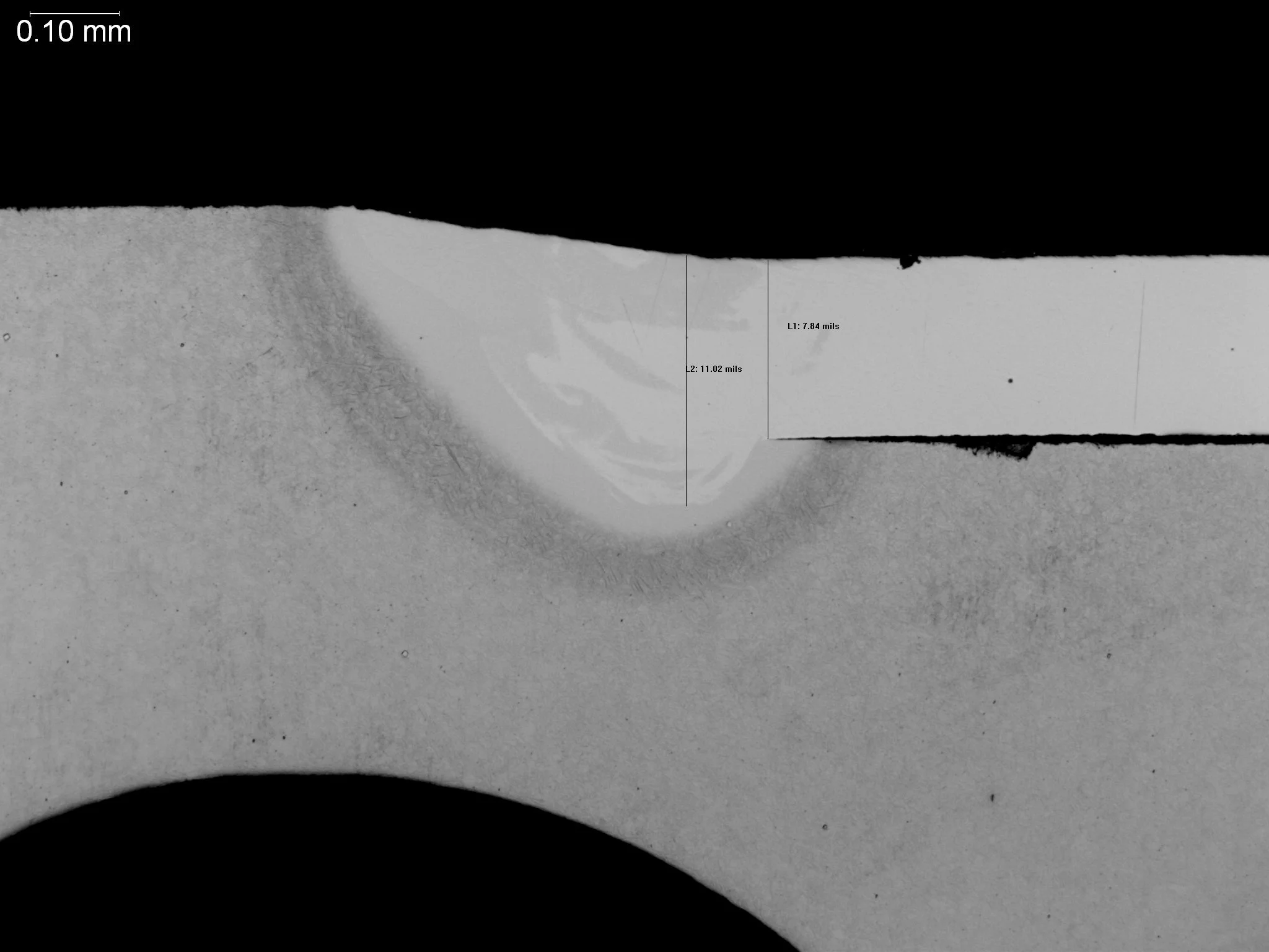 Weld penetration profile and sheet thin-up measurement, macro-etch cross-sectional evaluation identifying an 11.02 mil weld throat penetration depth, a 7.84 mil localized sheet thinning profile, and an etched heat-affected zone HAZ per AWS D17.1 and 