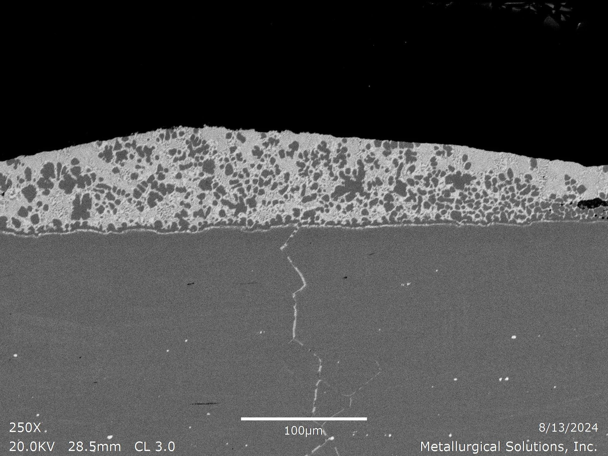 Liquid metal embrittlement (LME) crack initiation 250x, scanning electron microscope SEM evaluation identifying intergranular micro-cracking, multi-phase overlay matrix structure, and molten metal grain boundary penetration paths per ASTM E3 under IS