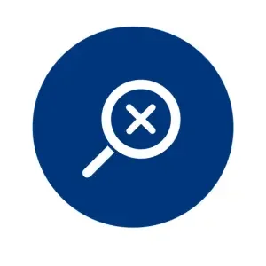 Magnifying glass icon with a cross inside on a dark blue background.