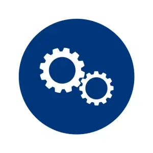 Icon of two white gears on a dark blue circular background.