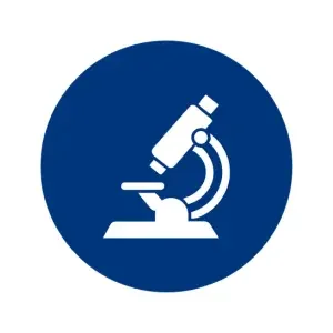 Icon of a microscope, in white, on a dark blue circular background.