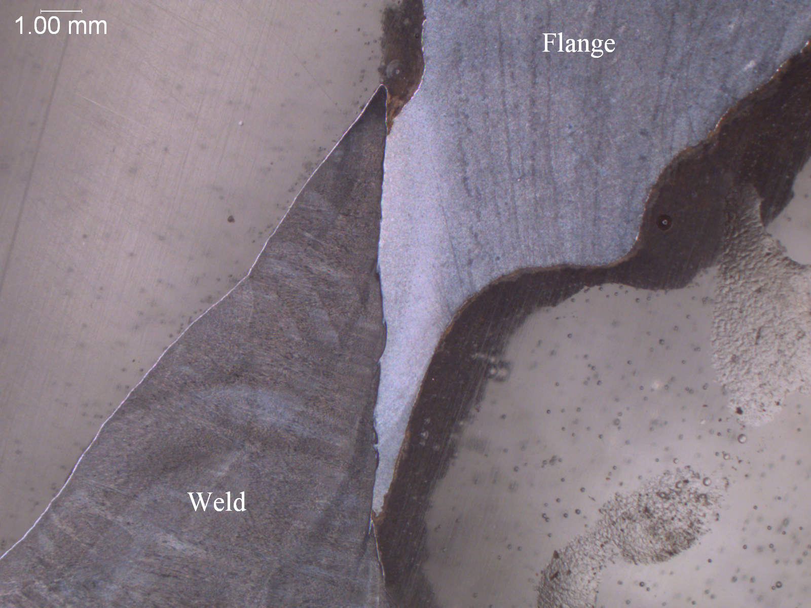 Crevice corrosion at weld flange interface, macro-etch cross-sectional evaluation identifying localized crevice corrosion propagation, unsealed joint interface oxidation scale, and parent metal boundary degradation per ASTM G48 and ASTM E340 under IS