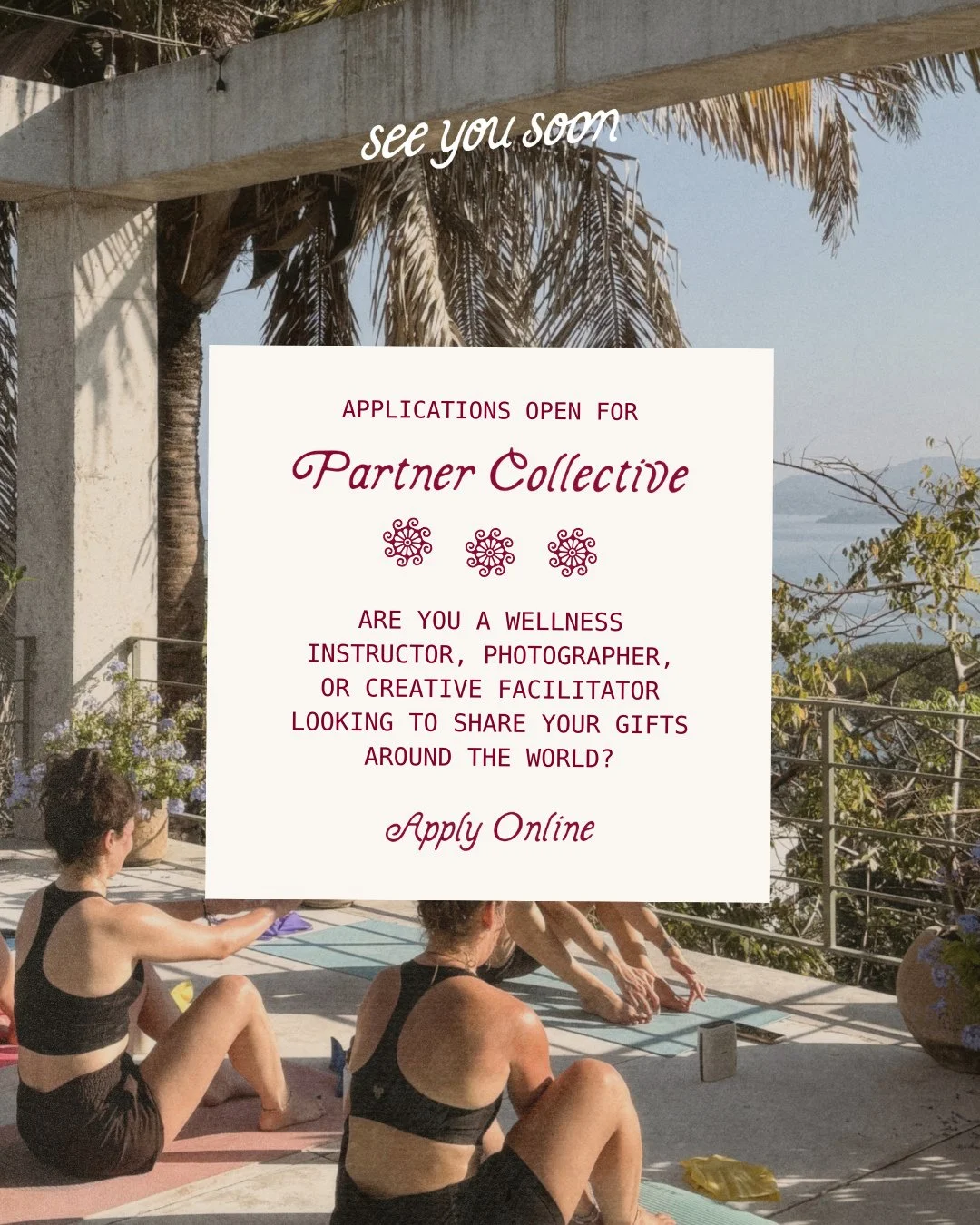 The See You Soon Partner Collective is a community-driven program designed for aligned facilitators who want to co-create meaningful retreat experiences while joining us at a special partner rate.⁠
⁠
We believe retreats are built through collaboratio