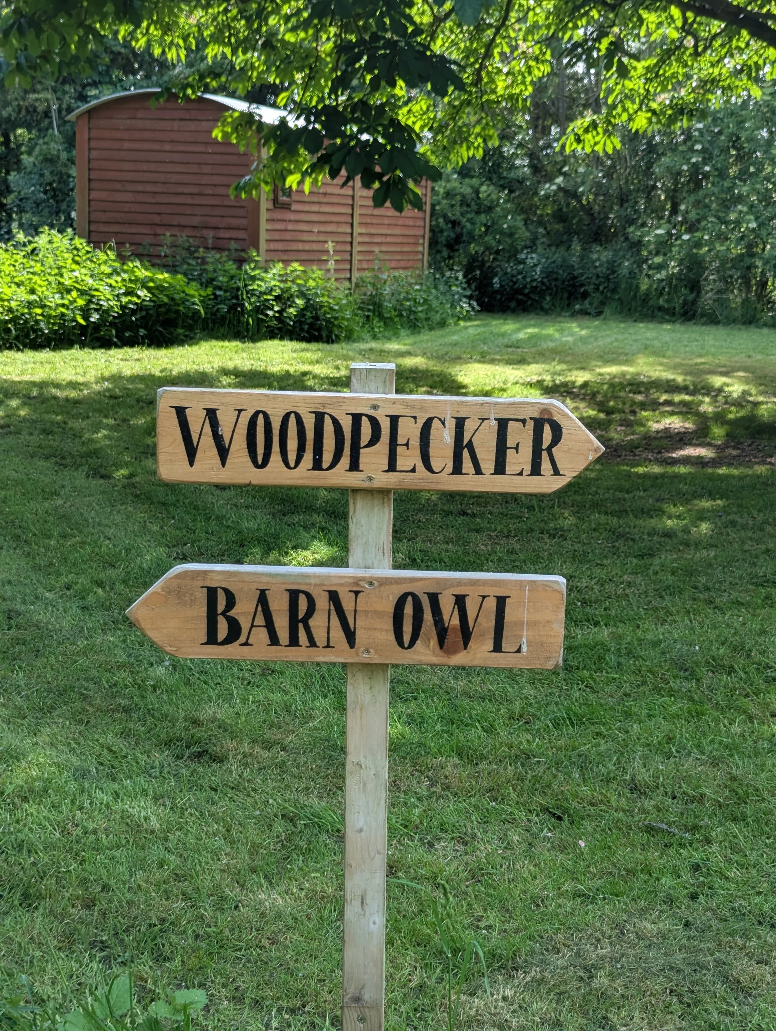 A wooden sign in a grassy area pointing to the right that reads 'WOODPECKER'. In the background, there is a shepherds hut, and trees with green leaves providing shade.