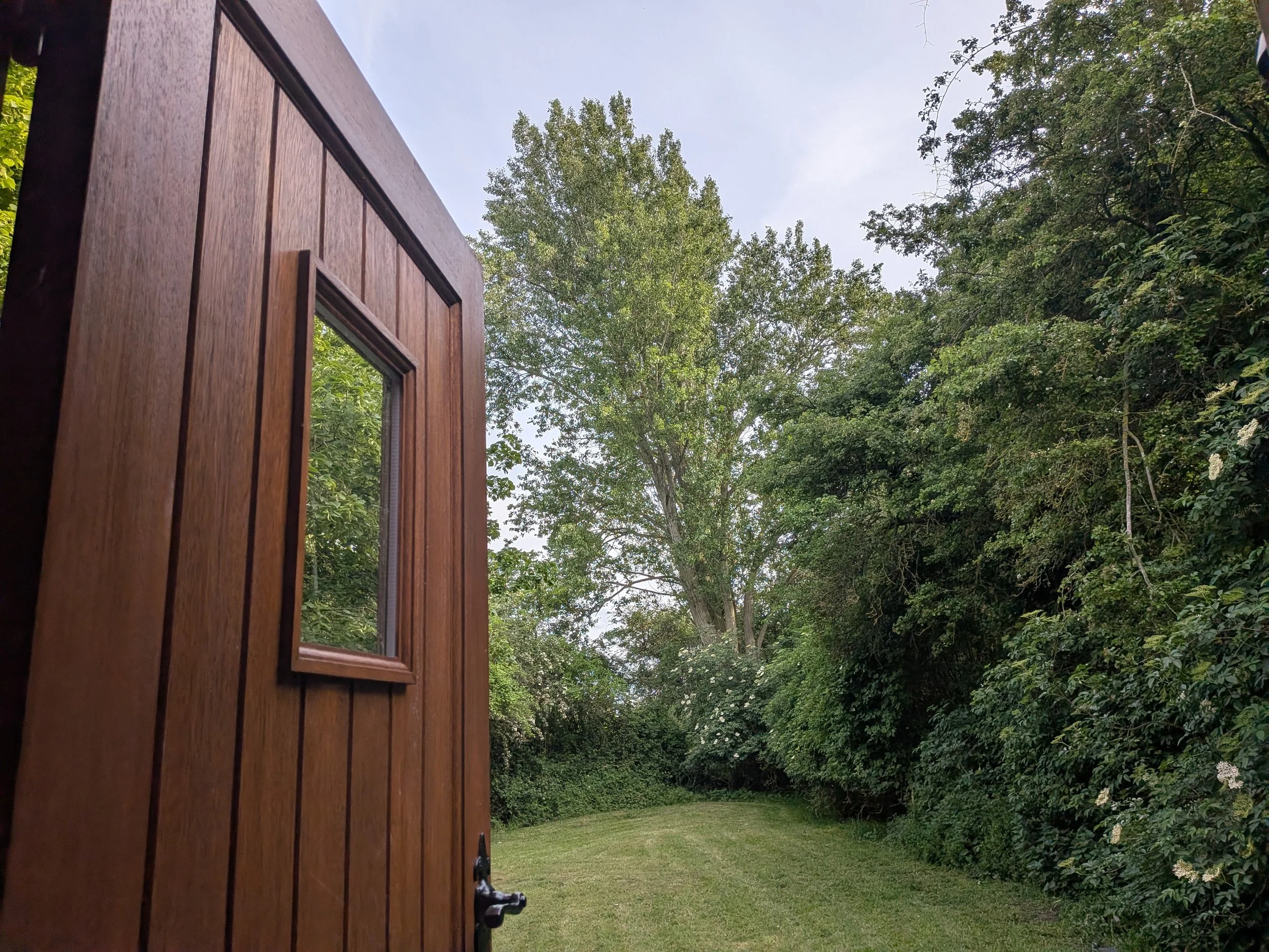 A wooden outdoor structure with a small window, surrounded by green trees and grass under a clear sky.