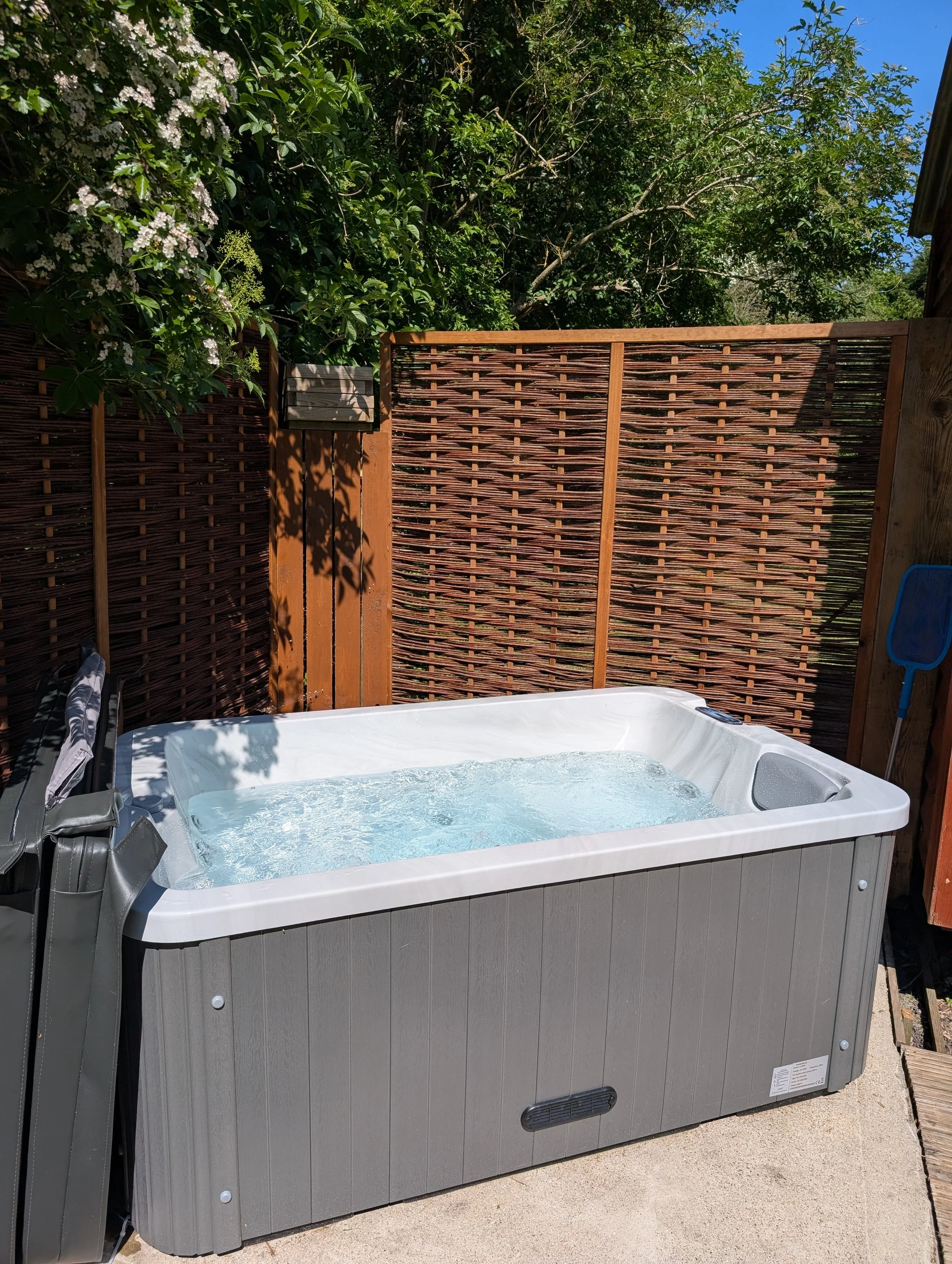 A hot tub with water, placed outdoors on a concrete surface, surrounded by a bamboo privacy screen and greenery, with a part of a blue sky visible above.