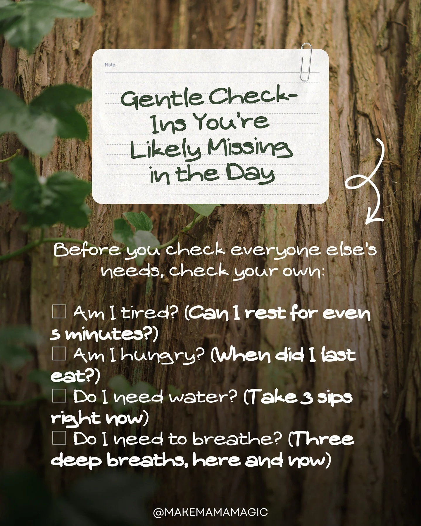 Gentle Check-Ins You&rsquo;re Likely Missing in the Day.

It's easy to become immersed in your day and thinking about everyone else.

But what about you mama? Read through these 4 check-ins and take what resonates most with you. These re-sets are sma