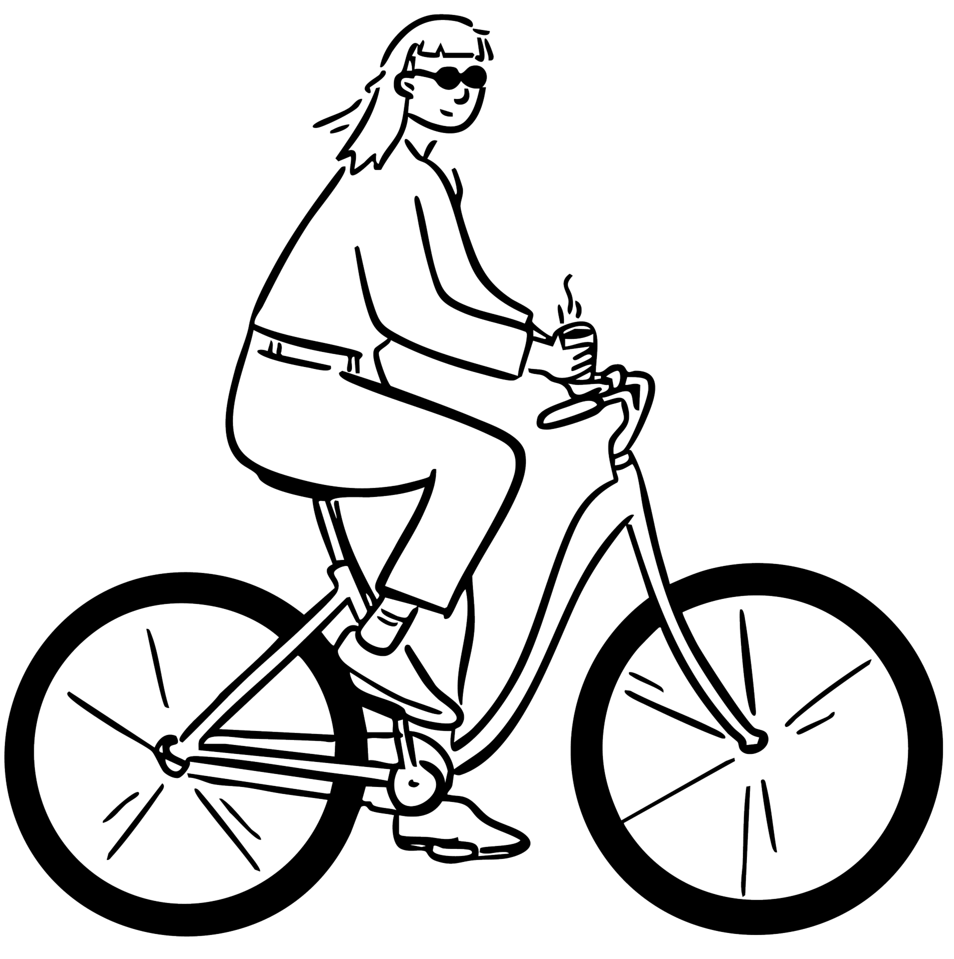 Line drawing of a person riding a bicycle, wearing sunglasses and a jacket, with one hand holding a tea cup.