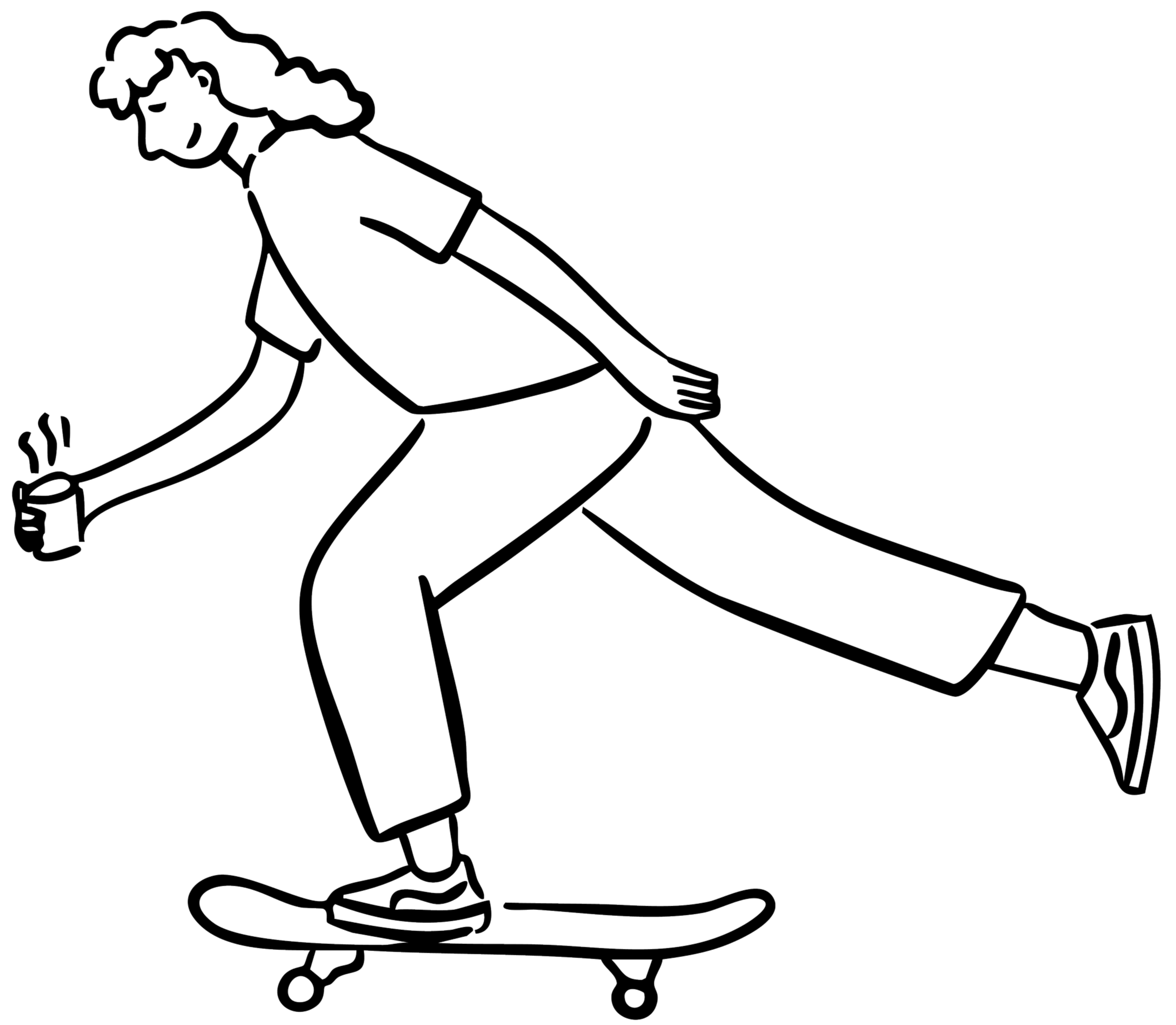 A simple line drawing of a person carrying a tea cup while skateboarding.