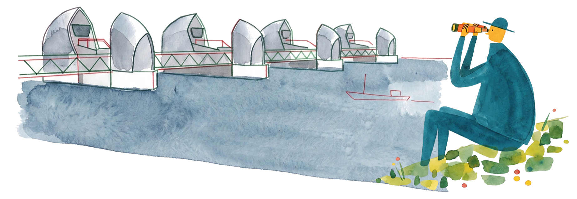 A watercolor illustration of a person sitting on the ground, looking through a telescope near the water, with a series of green and white island-like structures with peaks connected by walkways in the background.