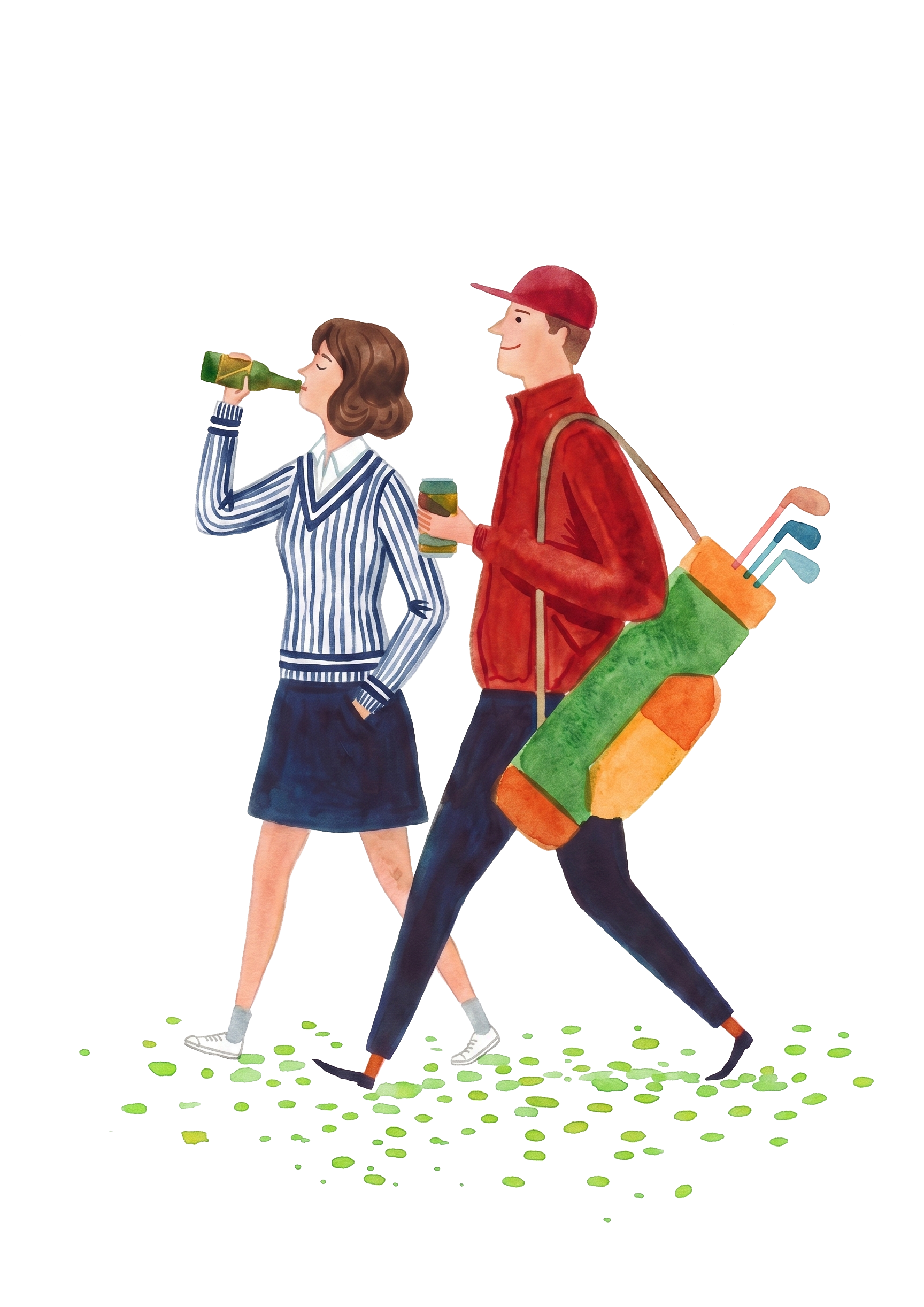 An illustration of a man and woman walking outside on a rainy day, with the woman drinking from a green bottle and the man carrying a golf bag with clubs. The ground is wet with puddles and green leaves.