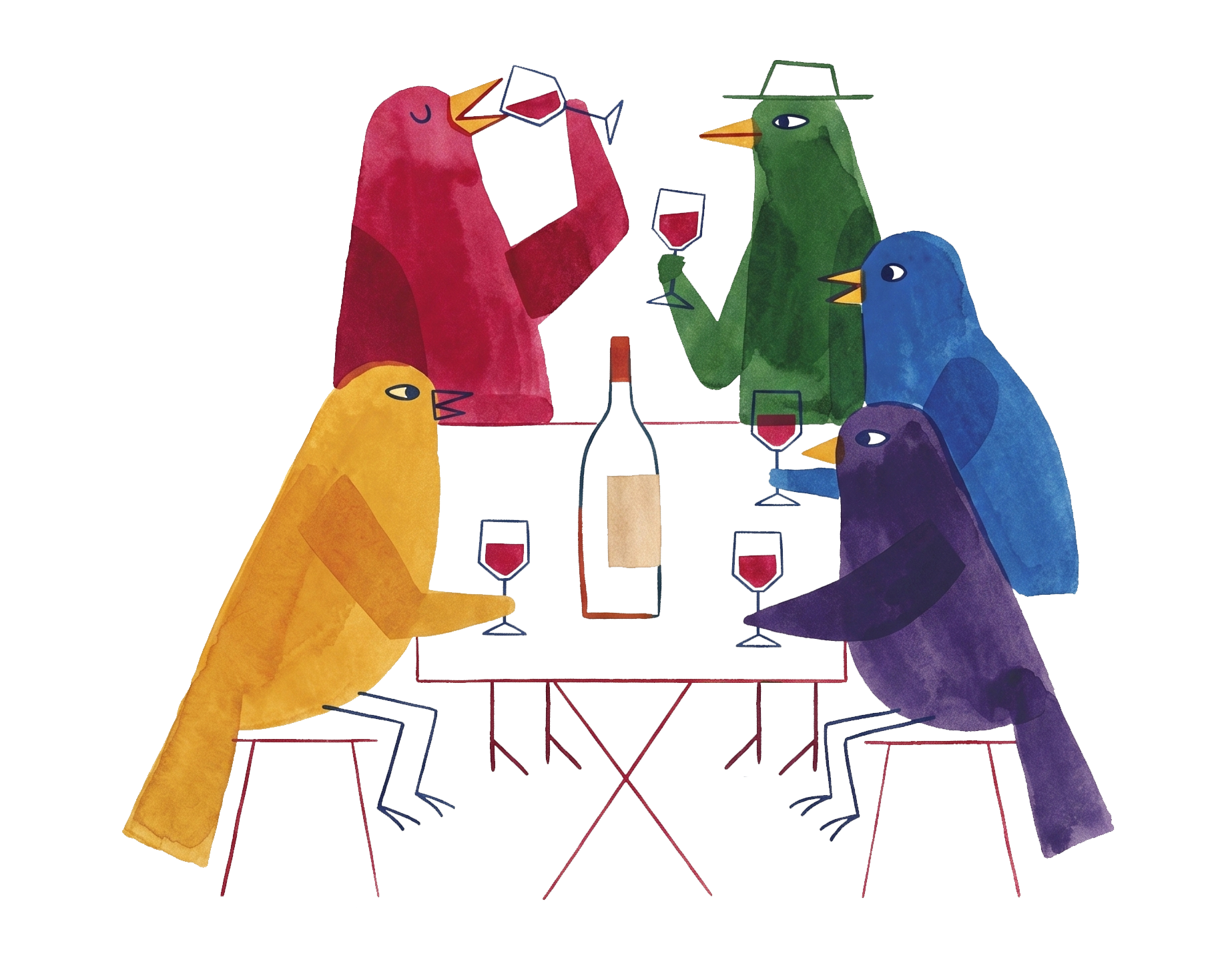 Illustration of three colorful birds sitting around a table, holding glasses of red wine, with a bottle of wine in the center.