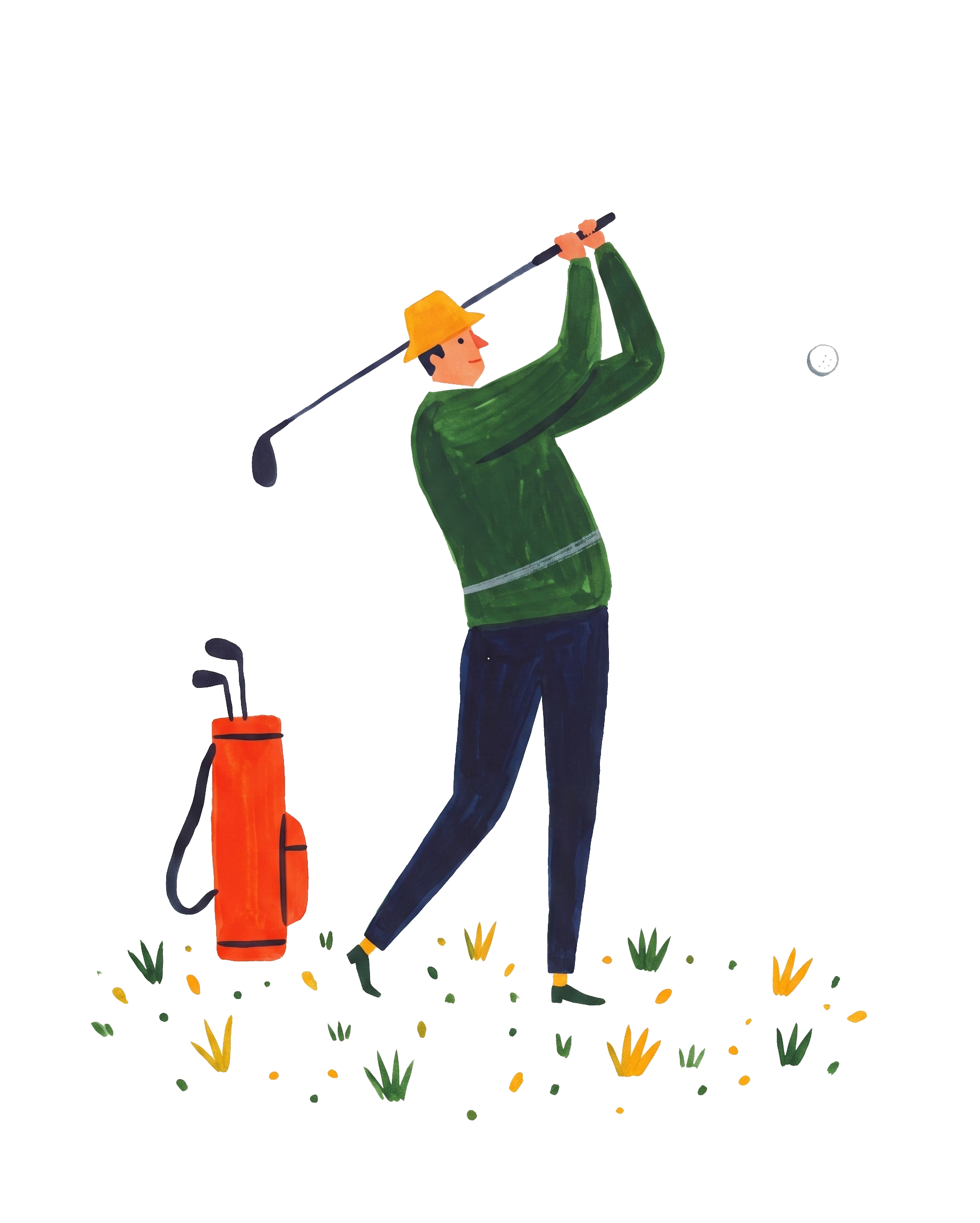 Illustration of a person holding a golf club and wearing a straw hat, green long-sleeve shirt, and dark pants. They stand near a golf tee with a golf bag beside them, with plants and grass around.