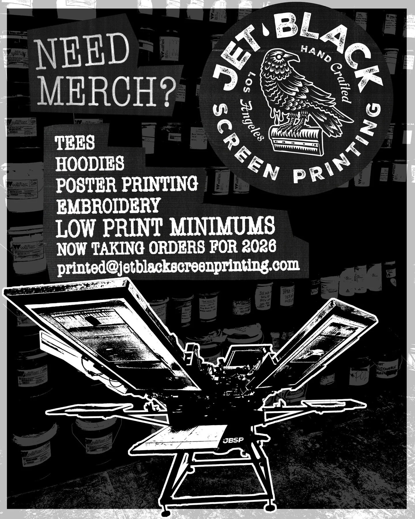 Need MERCH??

Email us and let&rsquo;s start that new project!
Printed@jetblackscreenprinting.com