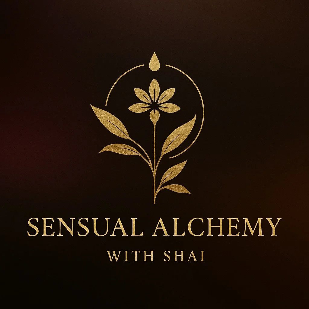 Gold logo of a flower with leaves and a drop above it on a black background. Text reads 'Sensual Alchemy with Shai'.