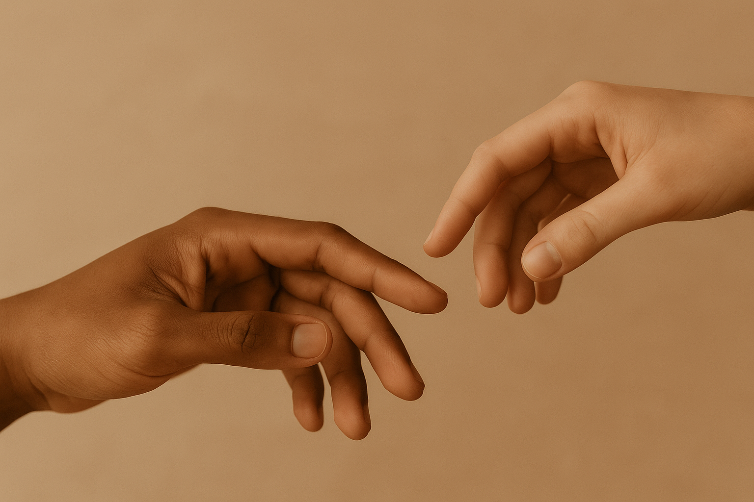 Two hands nearly touching fingers in a gentle, delicate pose, one with darker skin and the other with lighter skin, against a beige background.