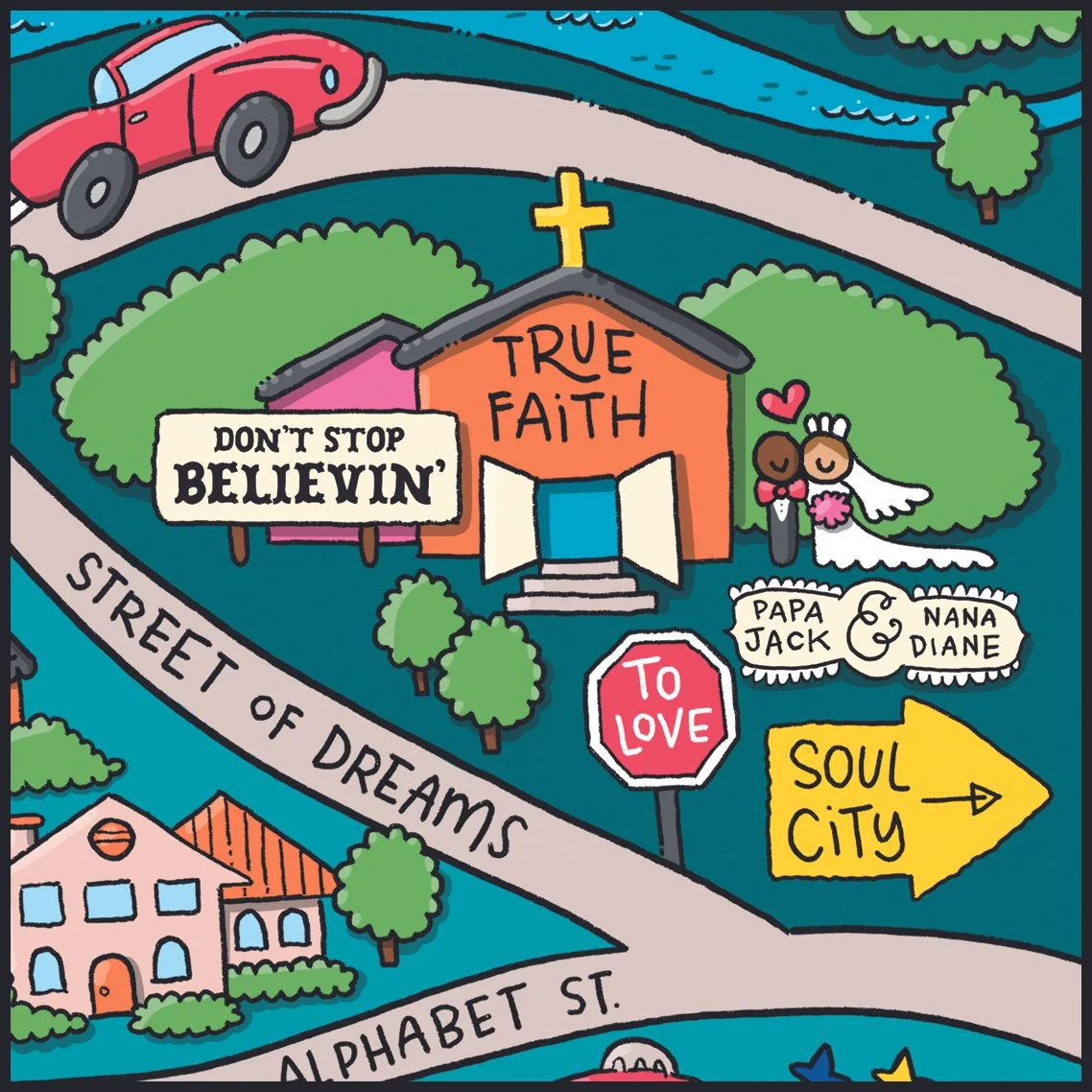 Illustrated map scene from The Day We Found Yesterday featuring roads, signs, and hidden ’80s music references woven into a family-friendly seek-and-find adventure.