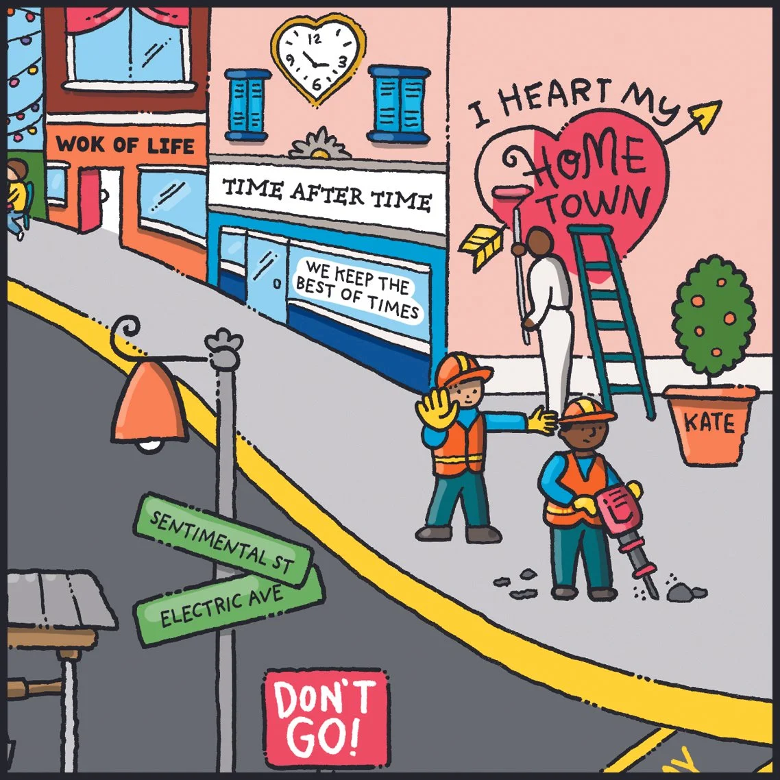 Illustrated town scene from The Day We Found Yesterday featuring hidden ’80s music references, street signs, and nostalgic Easter eggs in a colorful children’s picture book.