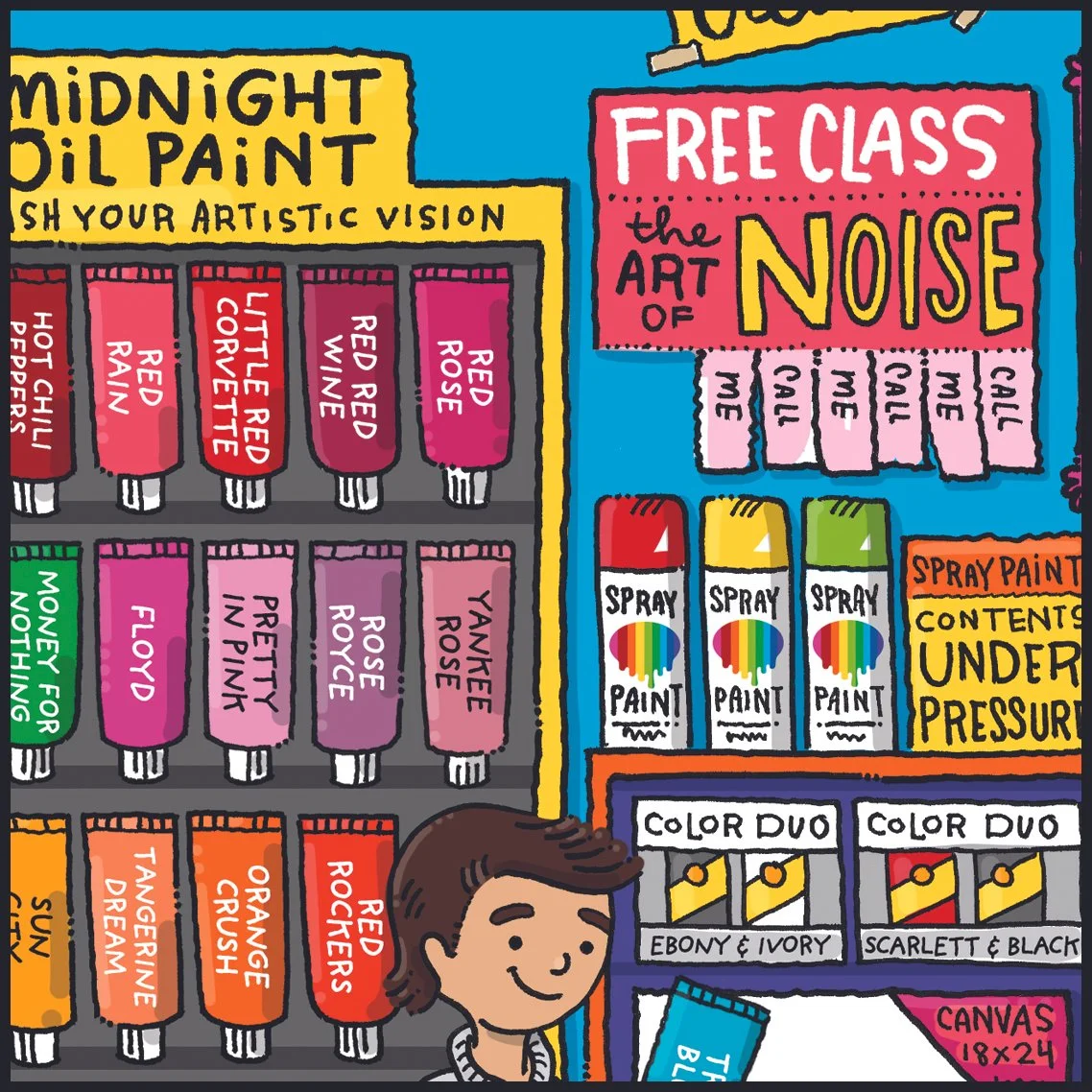 Art store illustration from The Day We Found Yesterday featuring shelves of paint colors and hidden ’80s music references inspired by classic songs and artists.