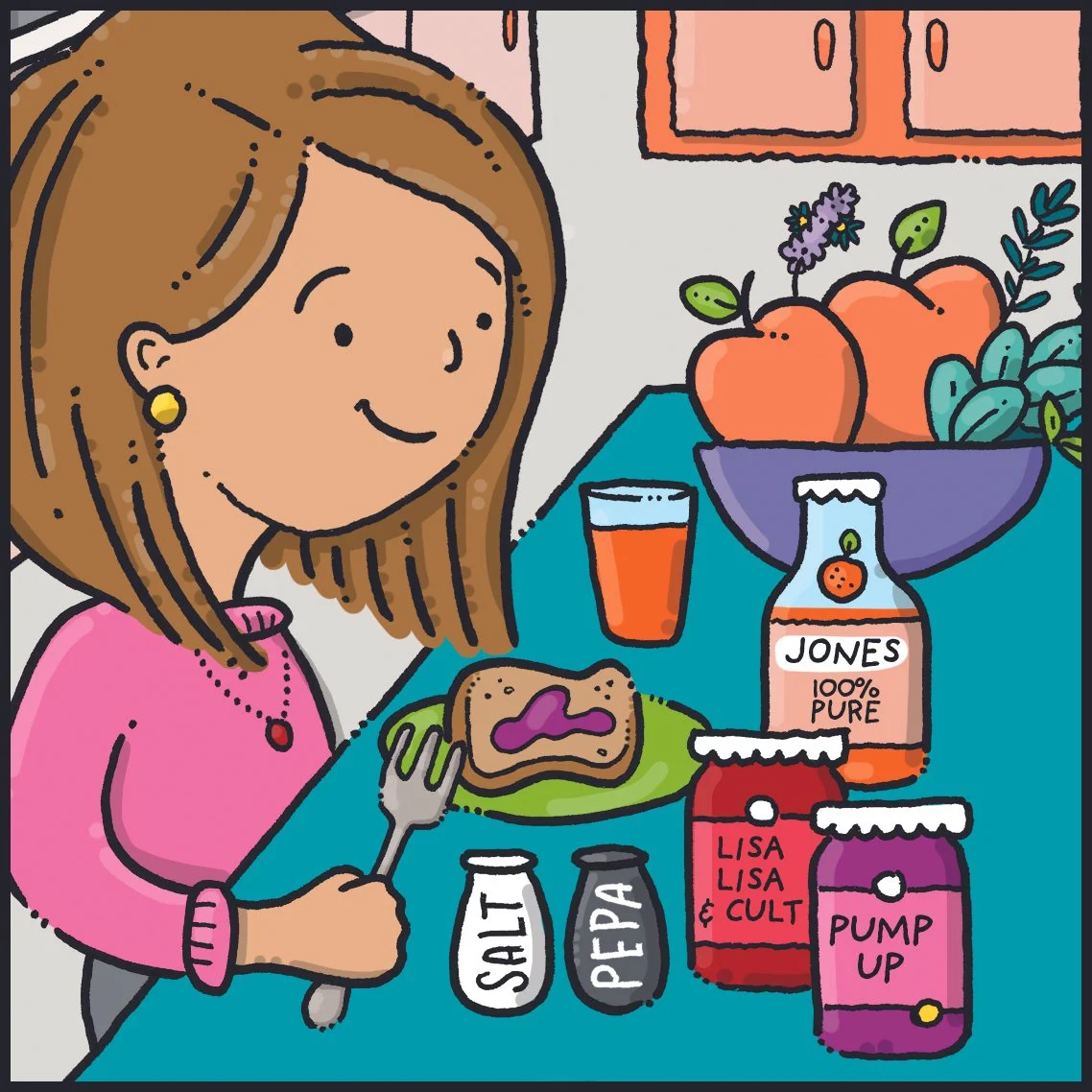 Kitchen illustration from The Day We Found Yesterday showing hidden ’80s music references tucked into food labels, signs, and objects throughout the scene.