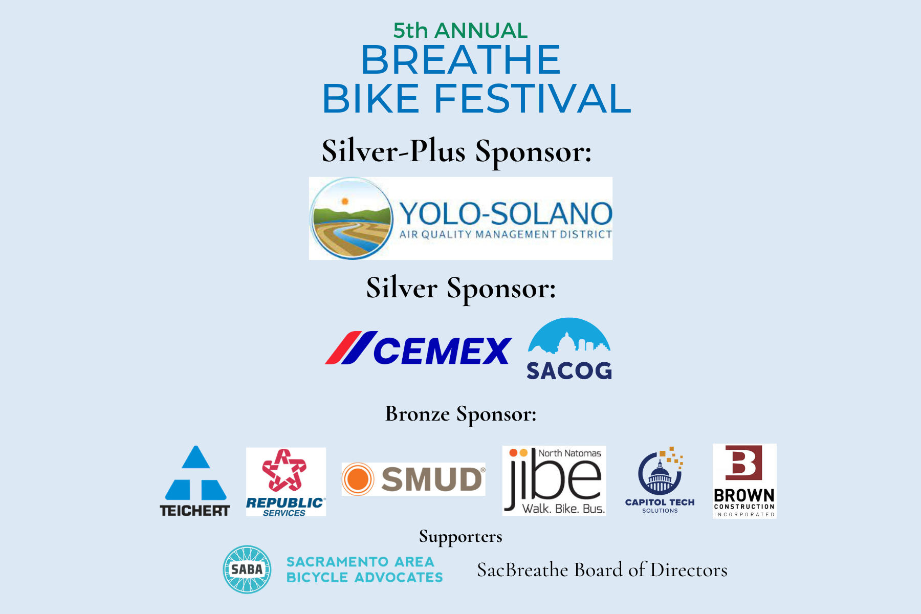 Breathe Bike Festival Silver-plus sponsor: Yolo-Solano AQMD; Silver Sponsors, CEMEX, SACOG; Bronze Sponsors: Teichert, Republic Services, SMUD, North Natomas Jibe, Capitol Tech, and Supporters: Sacramento Area Bicycle Advocates and Board Members