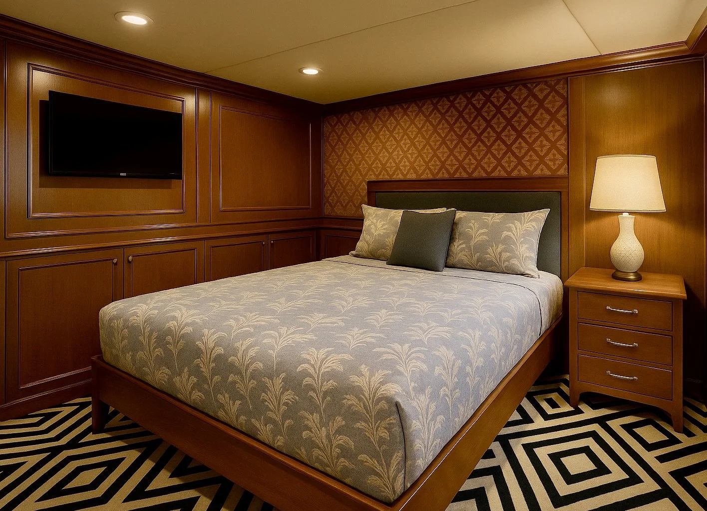 Hotel bedroom with wooden wall paneling, a bed with patterned bedding and pillows, a bedside table with a lamp, and a flat-screen TV mounted on the wall.