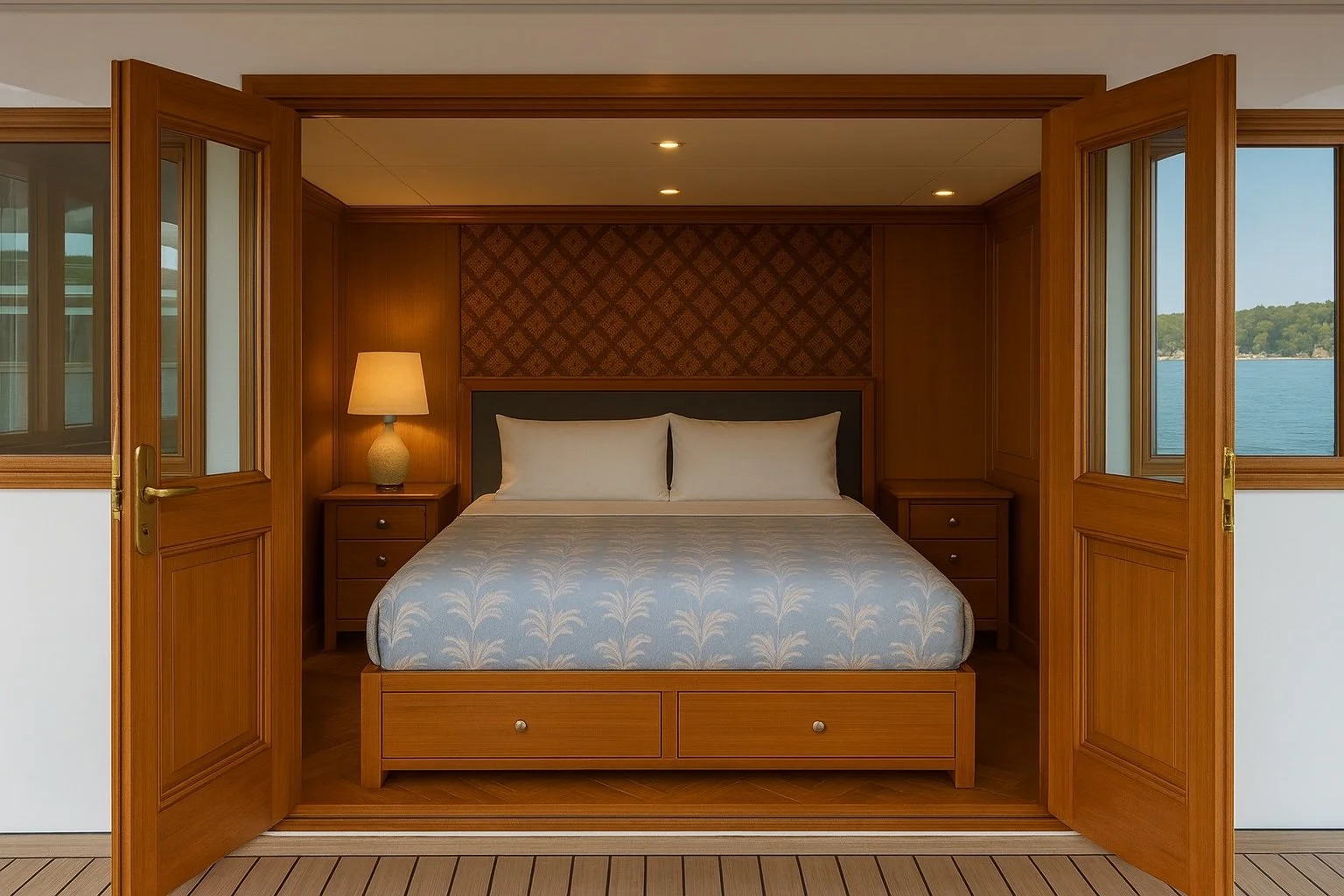 A hotel room with an open wooden porch door leading into a bedroom with a bed, nightstands, and a lamp, overlooking a body of water and trees outside.