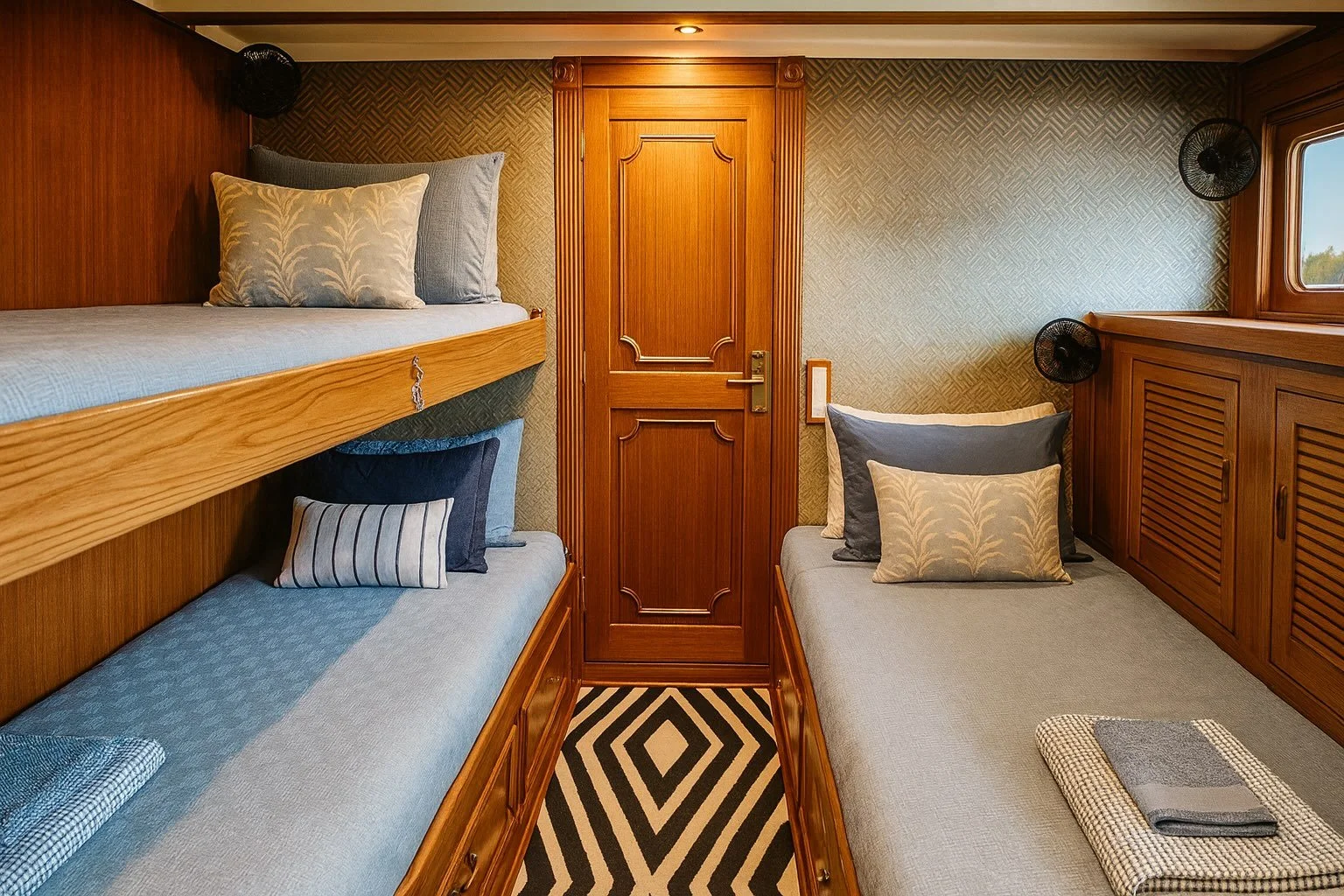 Tiny bedroom with wooden walls and furniture, including a door in the center, with two beds on either side, each with multiple pillows, a window on the right, and a black-and-white geometric rug on the floor.