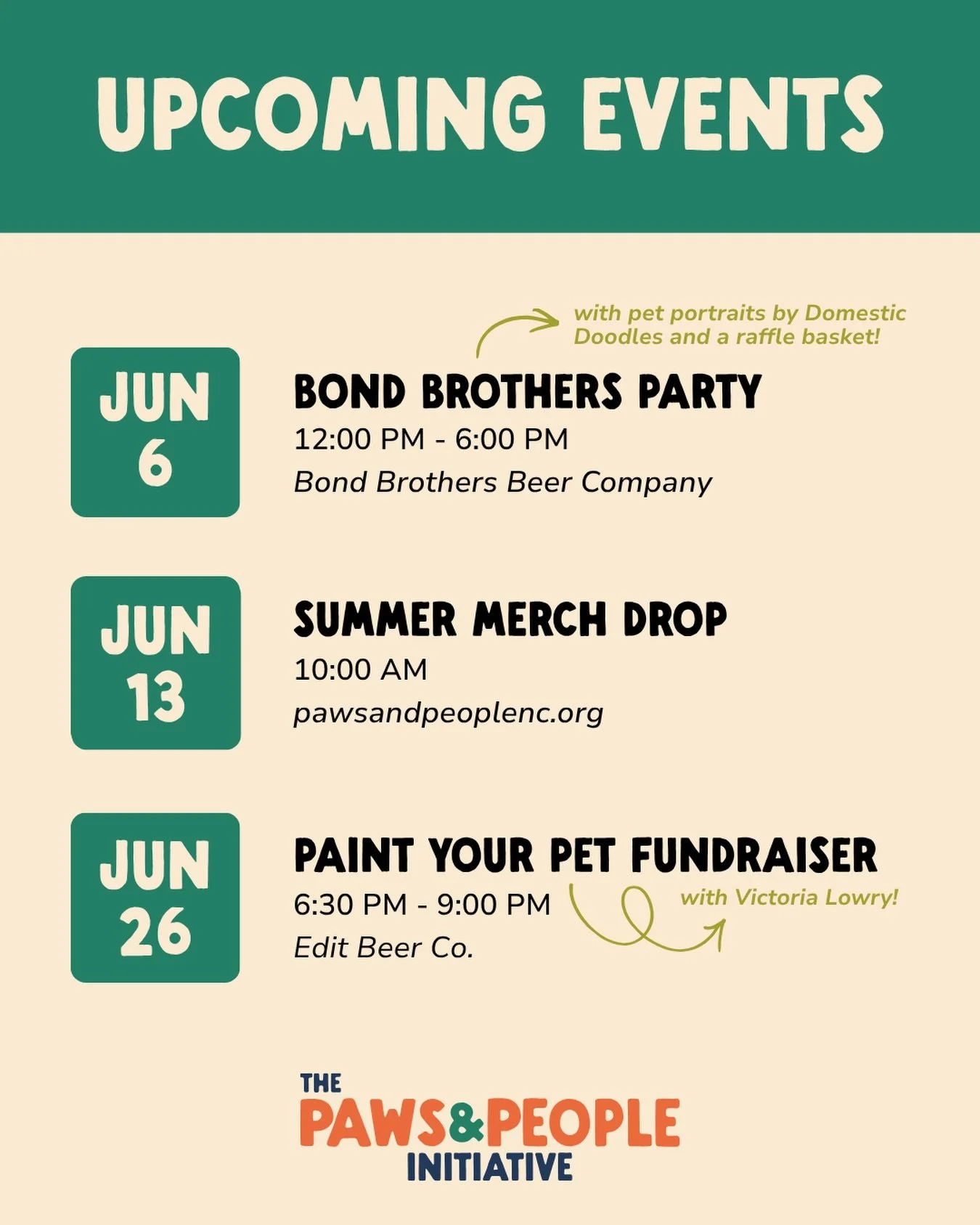 June is a super busy (and exciting) month for us! Here&rsquo;s what&rsquo;s on the calendar: 

6/6 @bondbrosbeer 10th Anniversary Party 12pm - 6pm
We will have the amazing @domestic_doodles with us and a raffle basket for you to win!

6/13 Summer mer