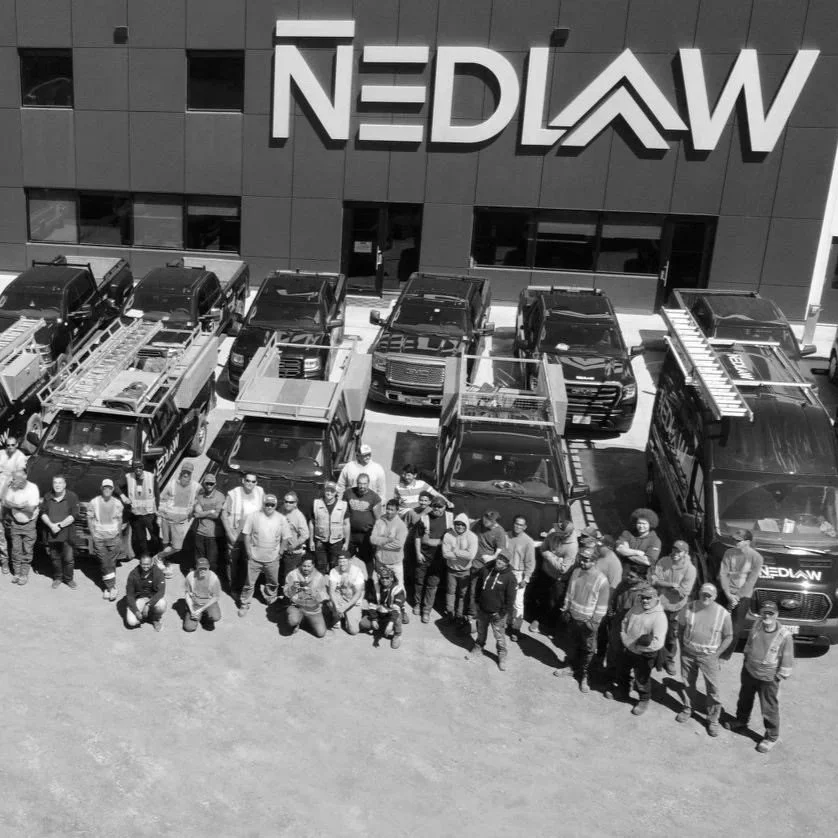 Group of people standing in front of a row of trucks parked outside a building with large sign reading 'NEDLAW'.