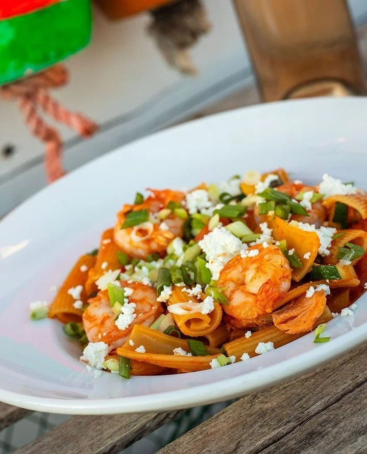 PASTA SPECIAL ALERT 🦐 Shrimp &amp; Salmon Saut&eacute; &ndash; zucchini, tomato, capers, creamy roasted red pepper garlic sauce, crumbled goat cheese, scallions⁠
⁠
Pair it with a nice ros&eacute; like our Ch&acirc;teau Routas and you have yourself t
