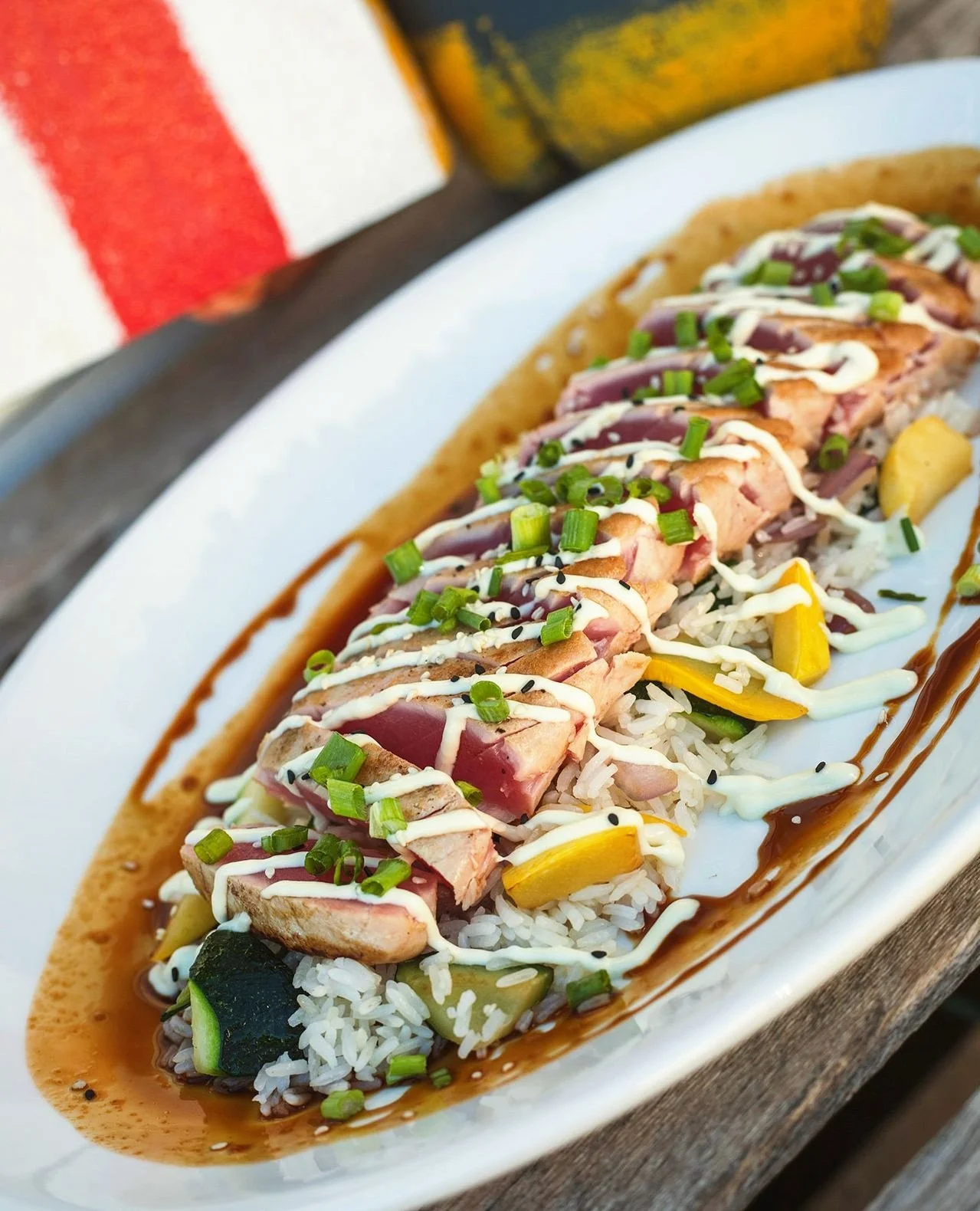 The one that didn't get away. You'll be talking about this fish for days.⁠
⁠
Yellowfin tuna seared rare, jasmine rice, vegetables, hoisin soy sauce, and ginger scallion aioli.⁠
⁠
Tonight at GIO!