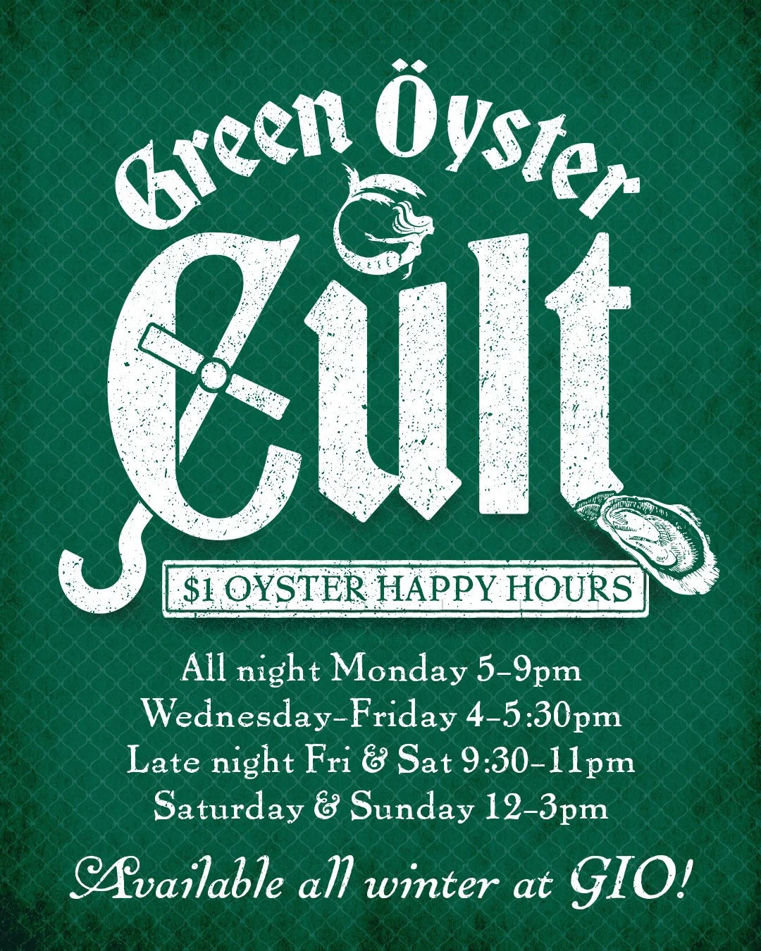 We've got a fever, and the only prescription is more oysters!⁠
⁠
'Pearl Jam' may have come to an end but Dollar Oysters rock on with our 'Green &Ouml;yster Cult' happy hours. Starting tomorrow, we will now offer $1 Oysters EVERY DAY during select tim