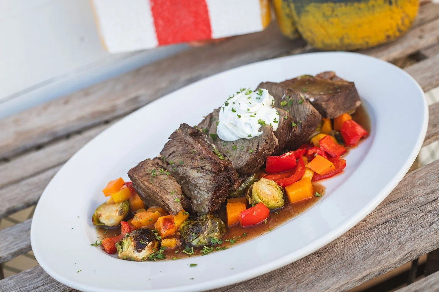 You know what would be great on a drizzly Monday? Braised short rib and a million oysters. Shanty Chic Monday tonight from 5&ndash;9pm with chef's menu and dollar oysters!⁠
⁠
Roasted butternut, Brussels sprout &amp; red pepper saut&eacute;, red wine 